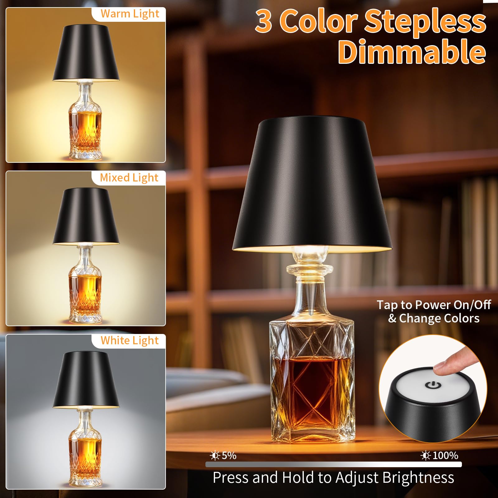 Fintoriel Rechargeable Wireless Bottle Lamp - 3 Color Stepless