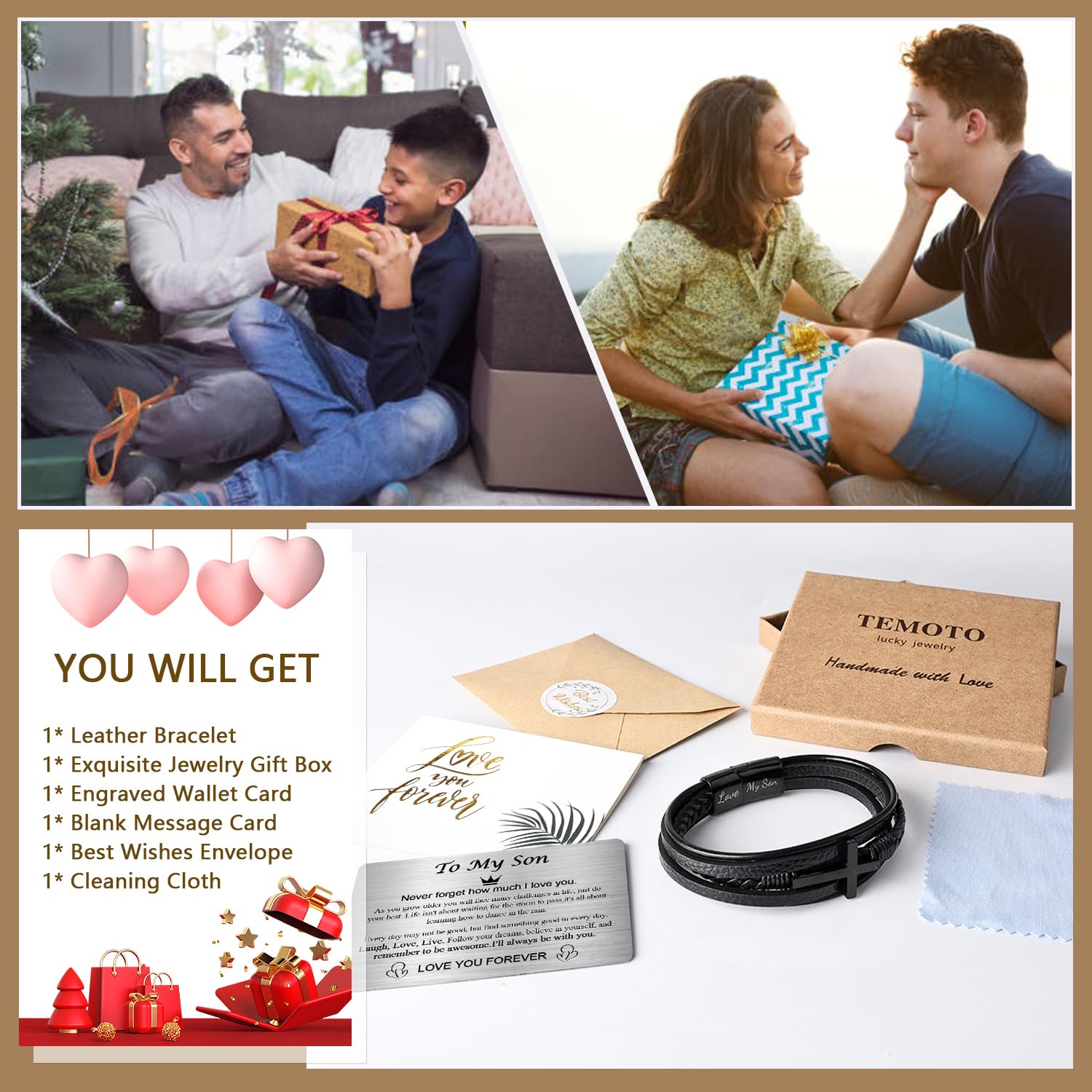 Pulsera de mamá con texto en inglés To My Son Bracelet from Mom, regalos para hijos, regalos de cumpleaños para hombres con tarjeta de cartera grabada, pulsera de hijo, regalos para él, Acero 2