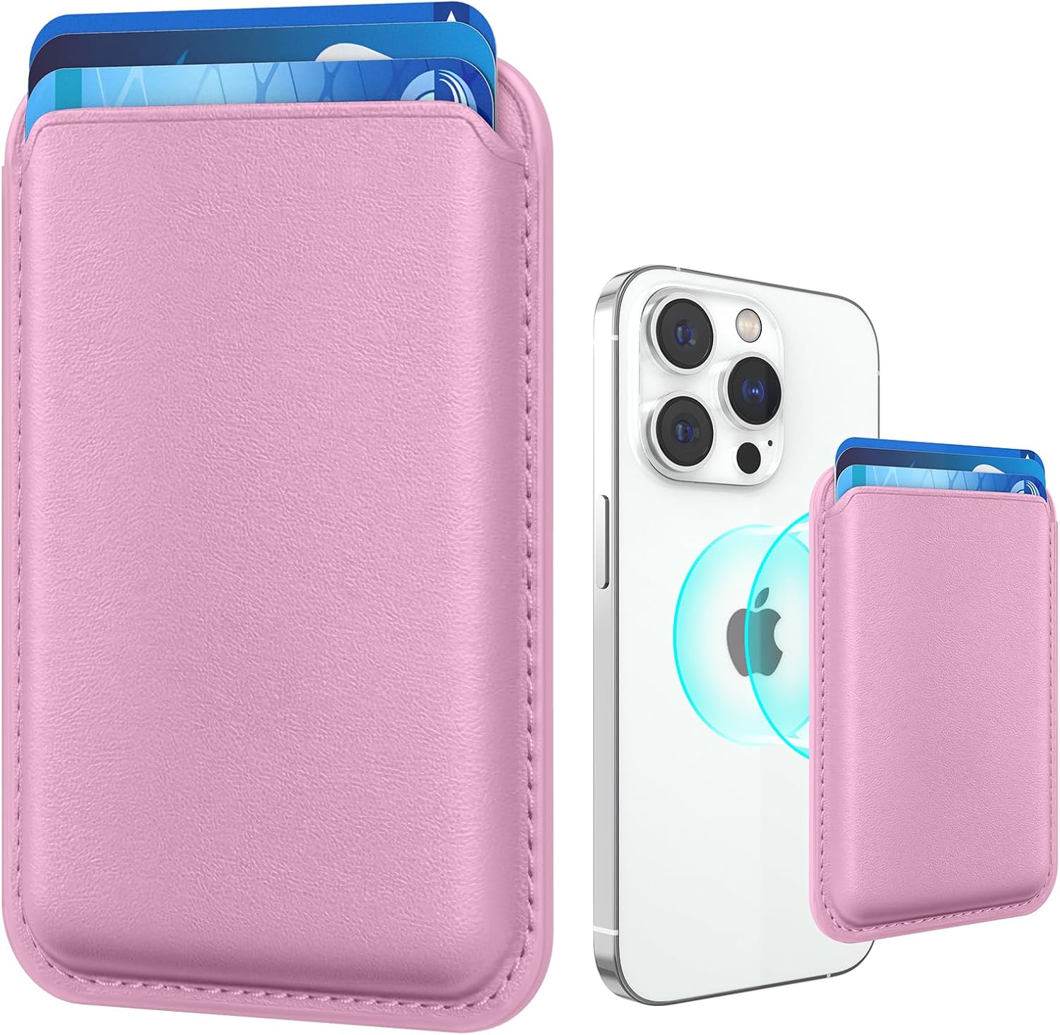 Magnetic Wallet Cell Phone Card Holder for Phone Case with Mag-Safe, Stronger Magnetic RFID Leather Phone Wallet Stick on Series of iPhone 15/14/13/12 and Pro/Promax, Pink