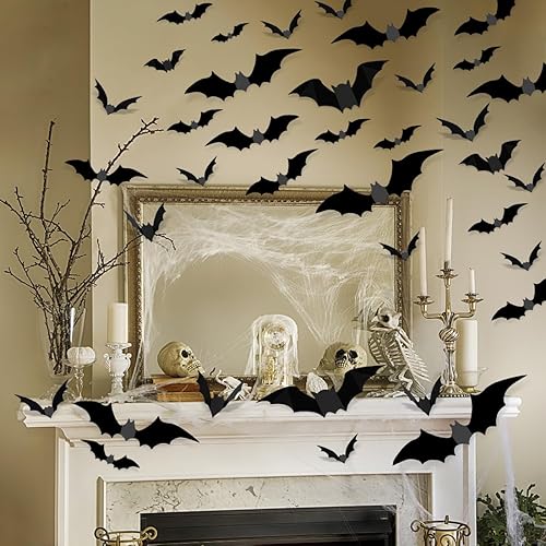 Miniatura 8 de ZMCINER 100 piezas de murciélagos para decoración de Halloween, murciélagos 3D, decoración de pared de PVC, calcomanías para Halloween, hogar, baño,