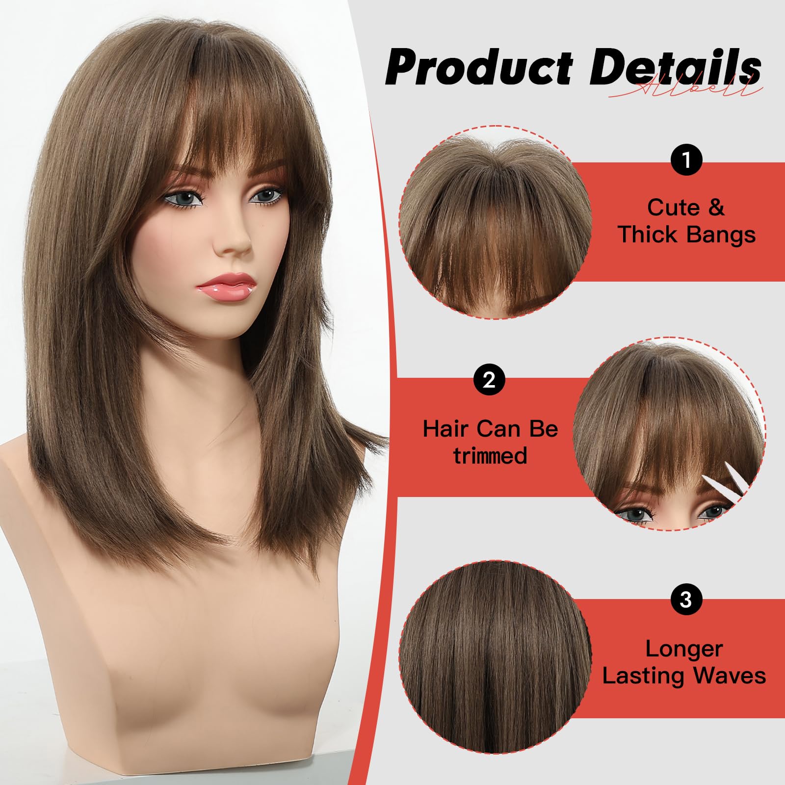 Allbell Short Brown Bob Wigs for Women with Bangs Natural Straight and Shoulder Length Synthetic Hair Wig for Daily Wear & Costume Use - Image 2