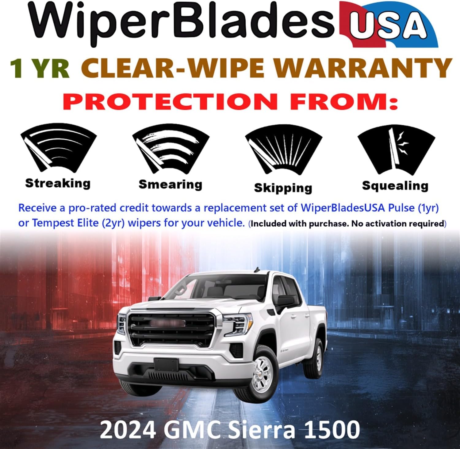 WiperBladesUSA Wiper Blades Set w/ 1yr warranty compatible with GMC Sierra 1500 2024 Wipers (Set of 2) Pulse Wipers