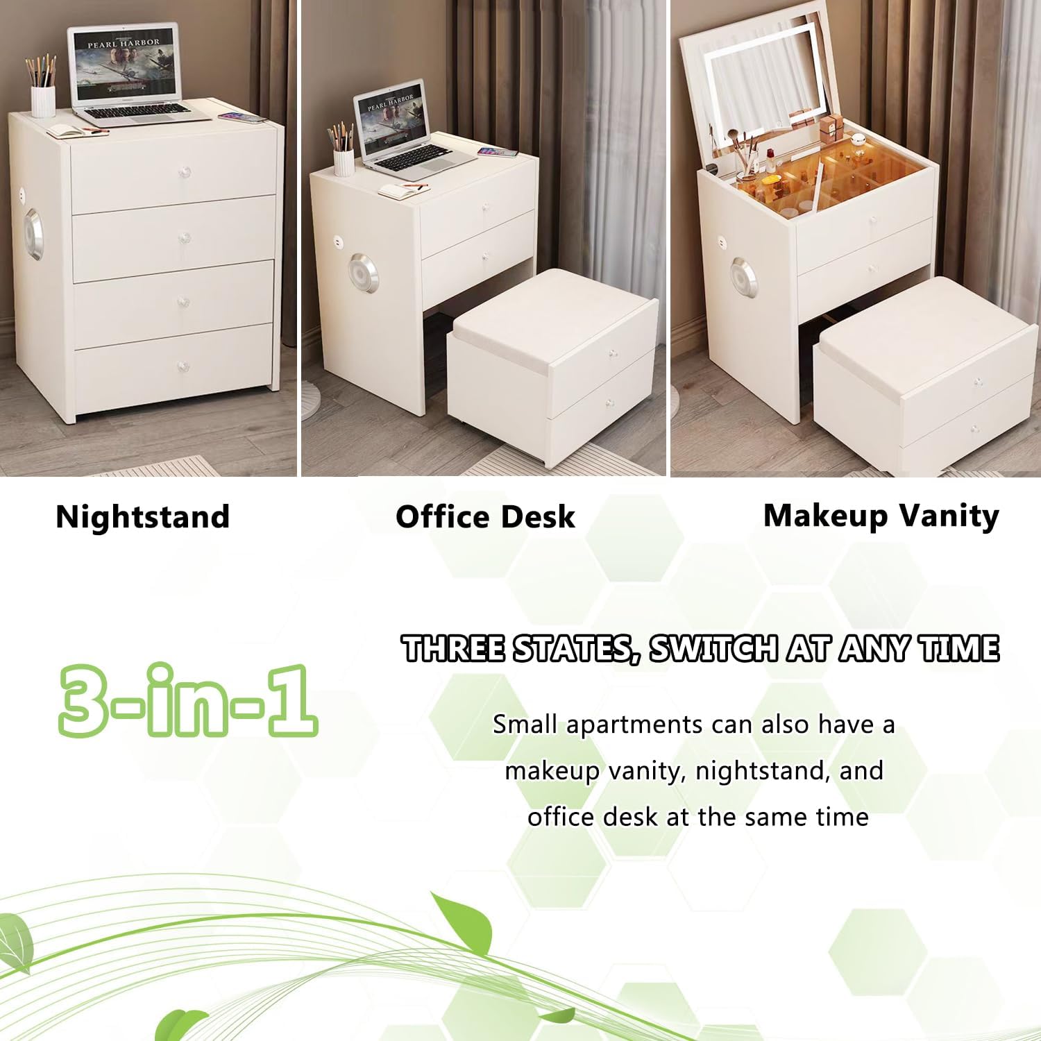 Compact Vanity Desk, 3 in 1 Vanity Desk with Dual Speakers and USB Charging, Corner Makeup Vanity Desk with Lights, Flip Mirror Light, Hidden Soft Stool, No Installation Required (19.7in)