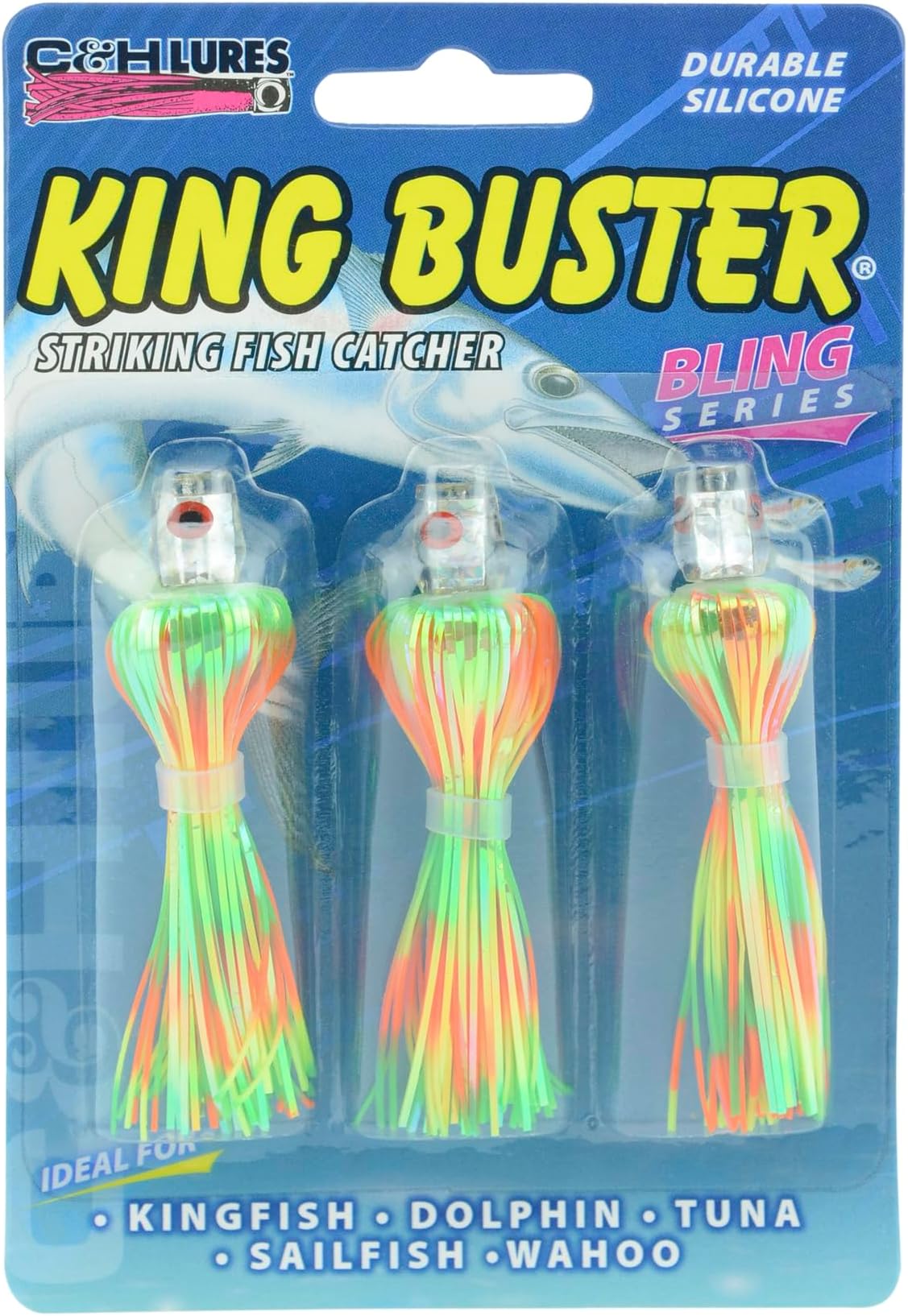 C&H, King Buster Bling Series Lure, Chartreuse/Green/Firetail Skirt, 3 pc