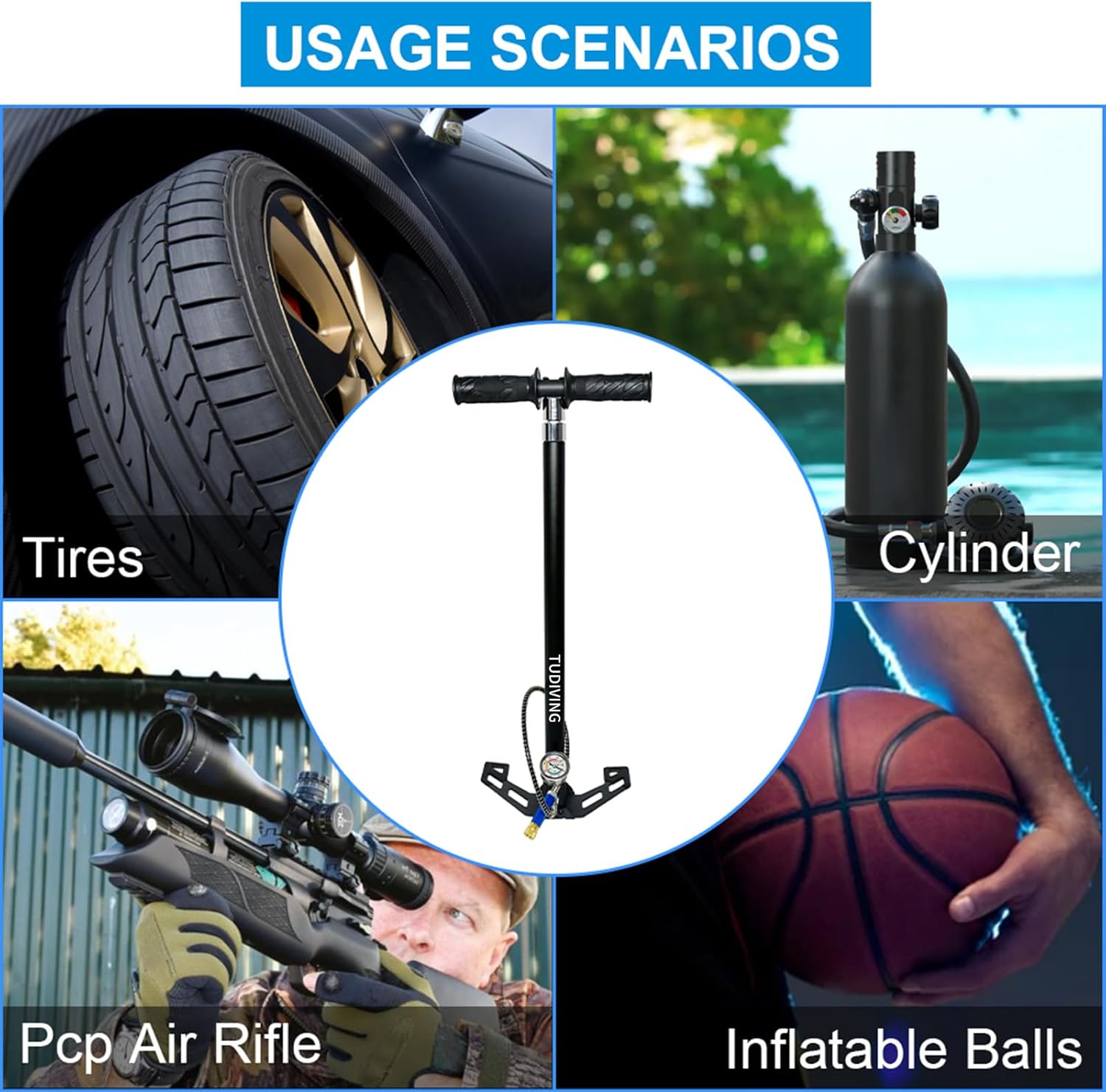TUDIVING-4500Psi High Pressure Hand Pump,PCP Air Pump,Stainless Steel 4 Stages pcp Hand Pump for Filling Diving Tank,Air Rifles,Paintball & Hunting