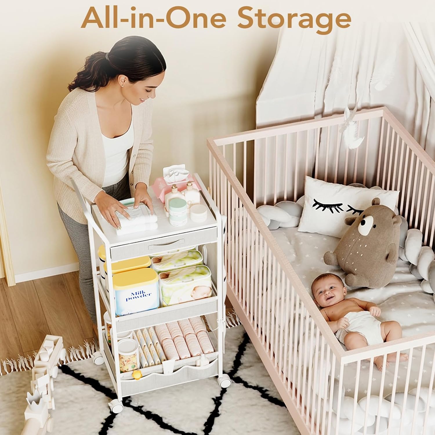 BBLIKE 3-Tier Diaper Caddy Organizer - Rolling Utility Baby Cart with Drawer and Side Pockets for Nursery and Baby Essentials, Multi-Function Cart for Bedroom and Bathroom, White
