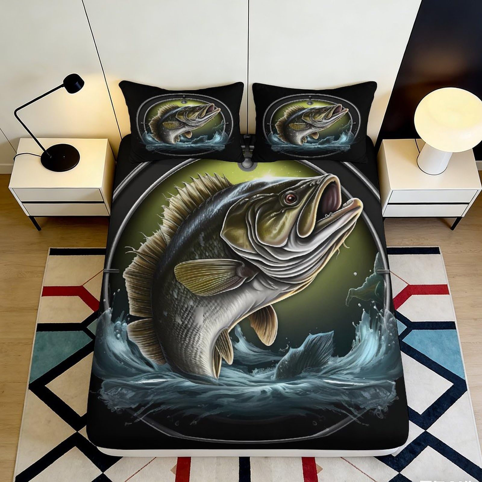 3D Printed Fishing Bass Fitted Sheet Microfiber Durable Soft Fish Pattern Bed Cover for Bedroom Dormitory Guest Room Mattress Protection Decor 200x200x25cm