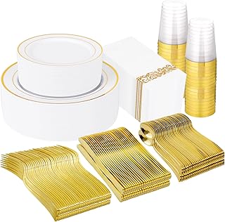 Supernal 400pcs Gold Plastic Dinnerware Set for 50 Guests-Gold Plastic Plates Heavy Duty Disposable Party Plates, 200 Gold Plastic Silverware, Linen Napkins, Clear Cups For Wedding,Birthday