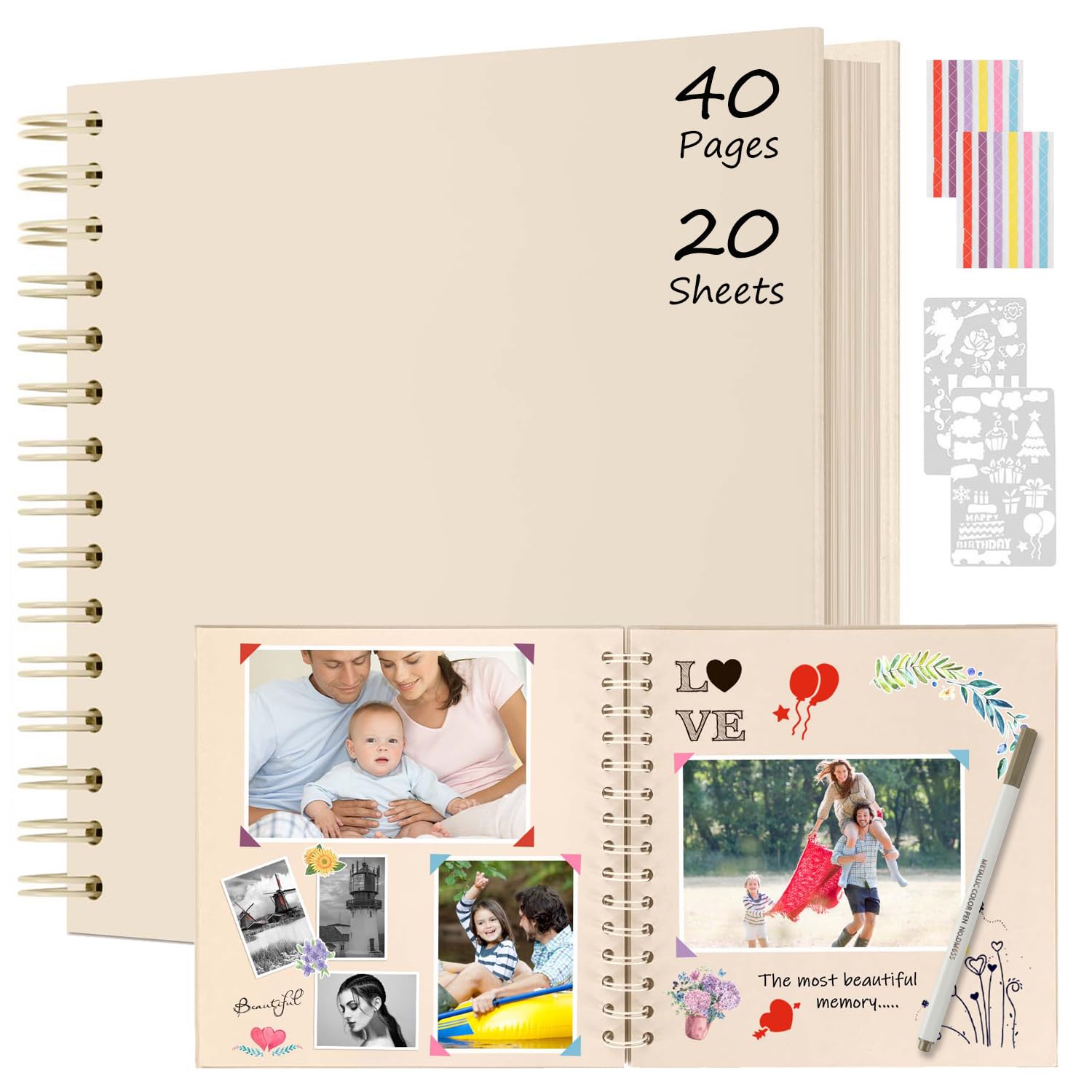 Fotoalbum Spiraalalbum 80 Doe-het-zelf Pagina's - Scrapbooking Kit Met 2 Fotohoeken 6 Stickers 5 Sjablonen 12 Gekleurde Markers Bruiloft Verjaardag Kerstmis Roze