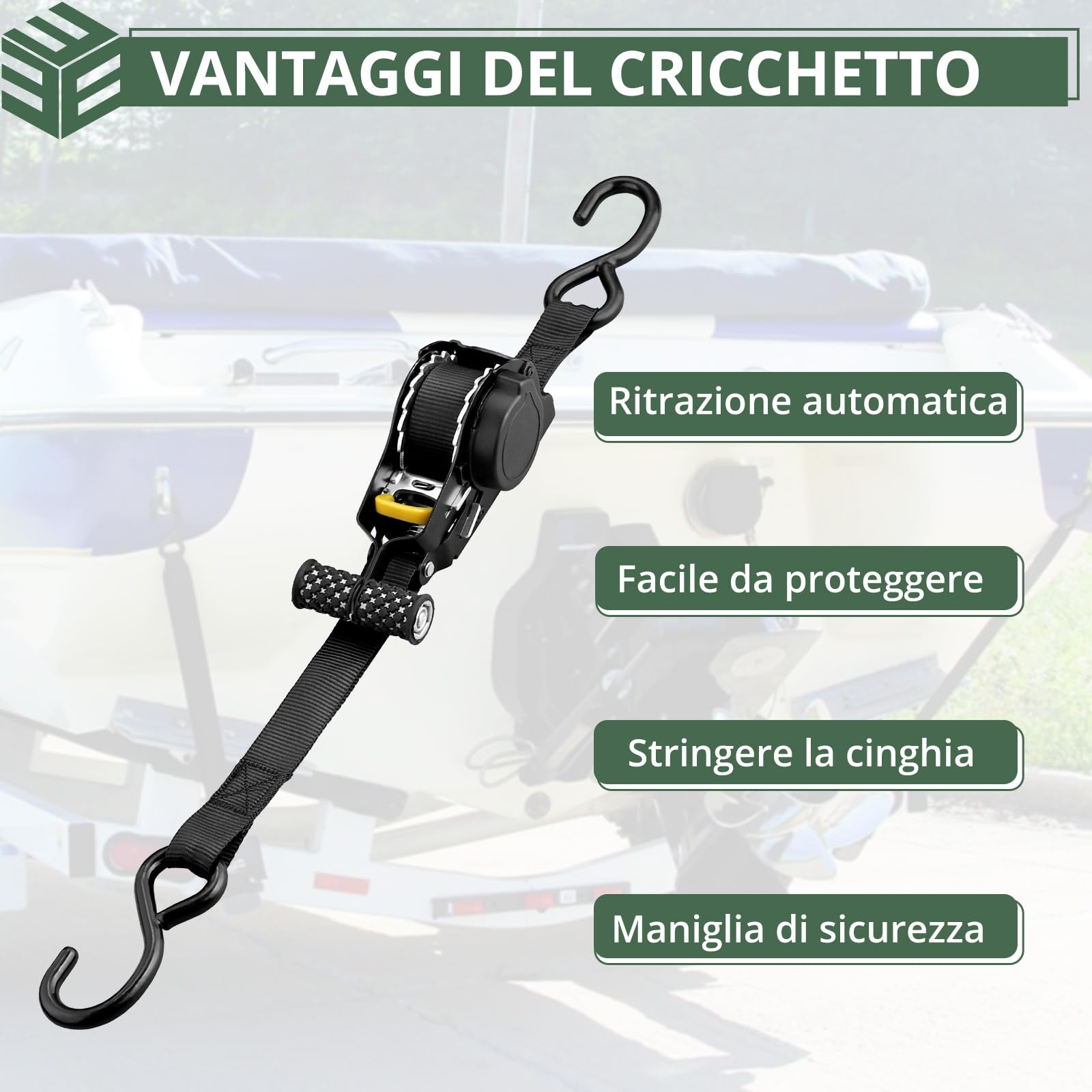 EYPINS 4 Pezzi Cinghie a Cricchetto Retrattili Automatiche con Ganci a S e Maniglie,340kg/680kg,Lunghezza 3,3m,Larghezza 25mm,Cinghie di Fissaggio Conforme EN-12195-2,Nero,per Moto,Rimorchi