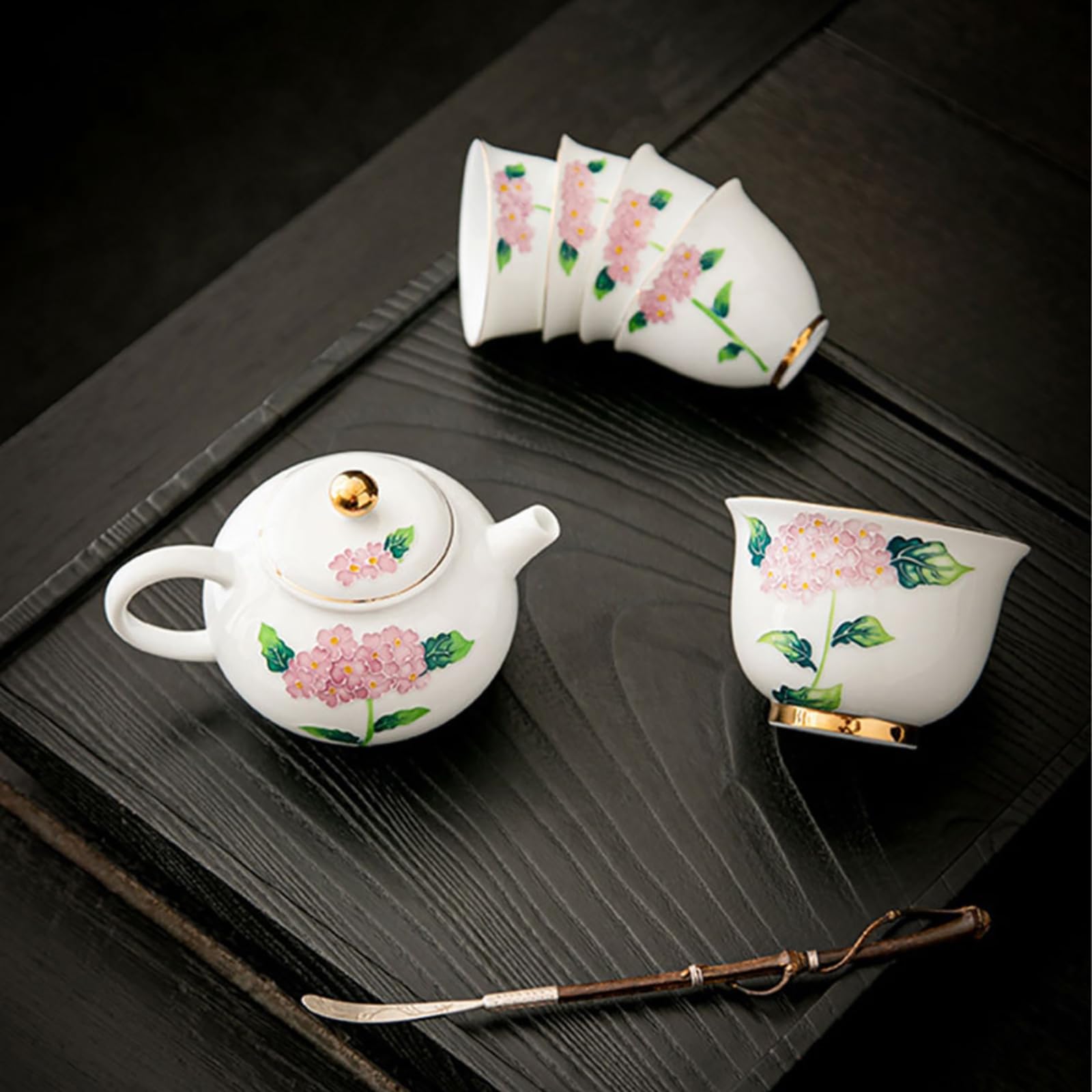 Té de hortensias pintado a mano de porcelana blanca, una olla de dos tazas de personalidad fresca y exquisita para el hogar, azul flor (caja)