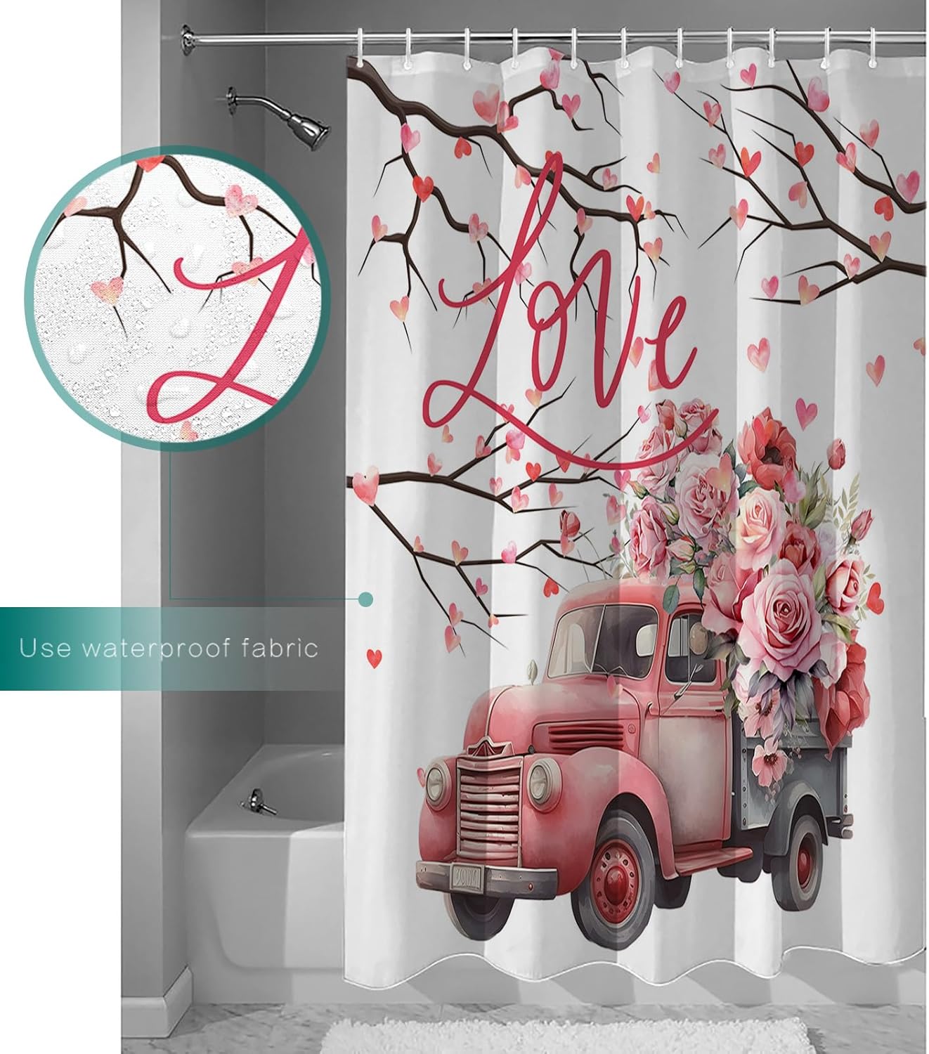 Valentine's Day Shower Curtain for Bathroom 66" x 72", Love Pink Truck Rose Love Heart Branches Shower Curtain with Hooks Polyester Waterproof Home Bathtub Decor