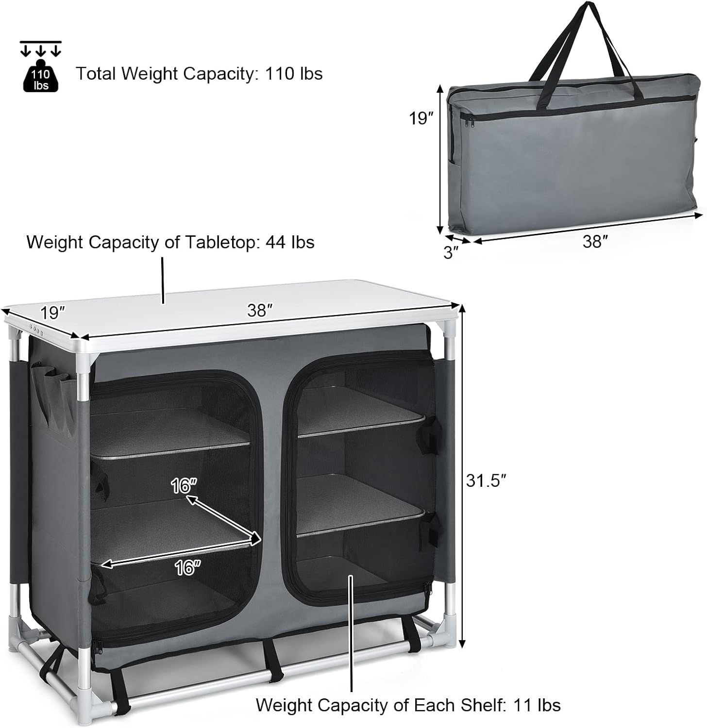 Giantex Camping Cook Table Kitchen Station with Storage Organizer and Carrying Bag, for BBQ Party Picnics Backyards and Tailgating, Portable Outdoor Aluminum Cooking BBQ Table (Grey)