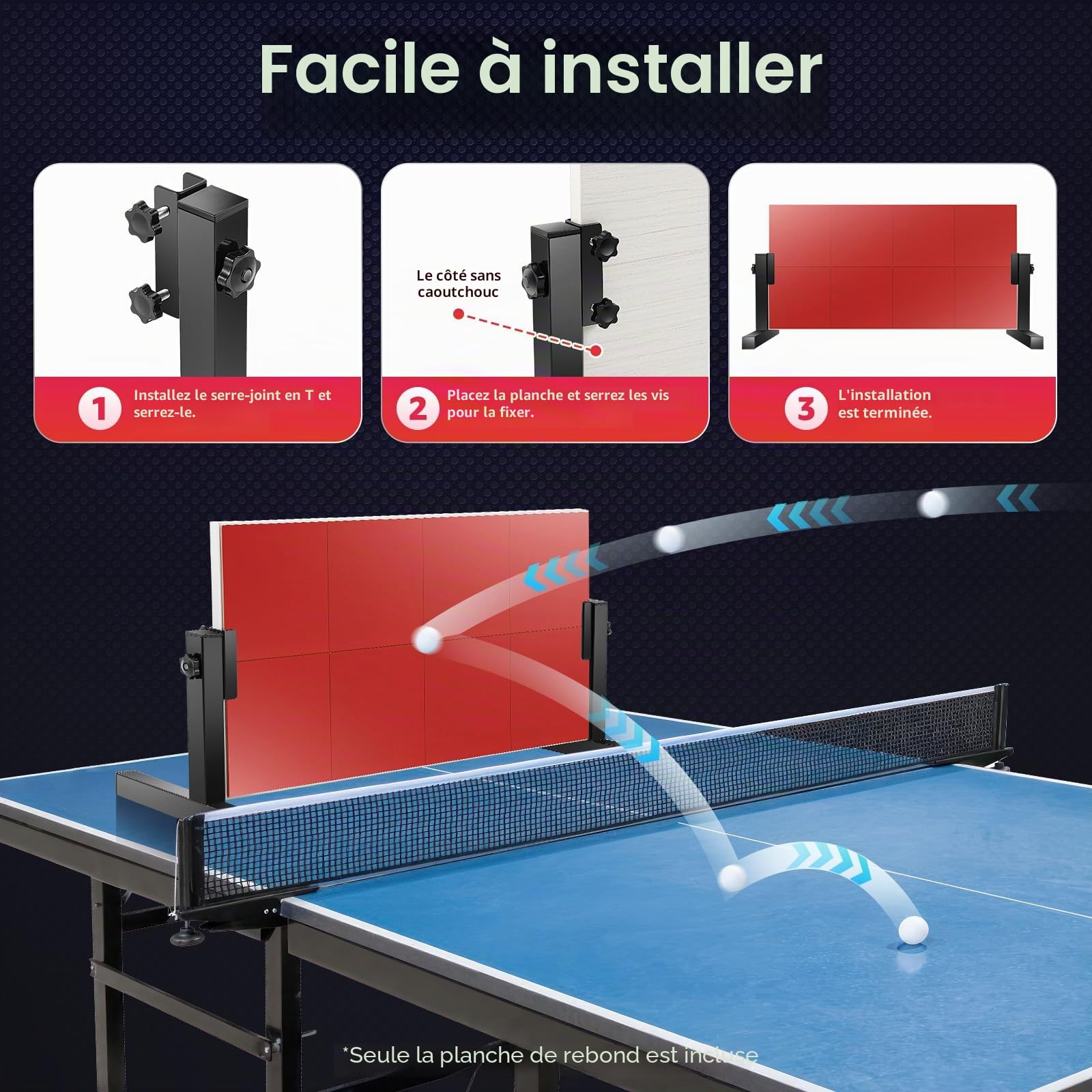 Ping Pong Rebounder Planche de tennis de table rebond avec 8 caoutchoucs rouges, équipement d'auto-entraînement pour la maison, la gym, l'intérieur et l'extérieur