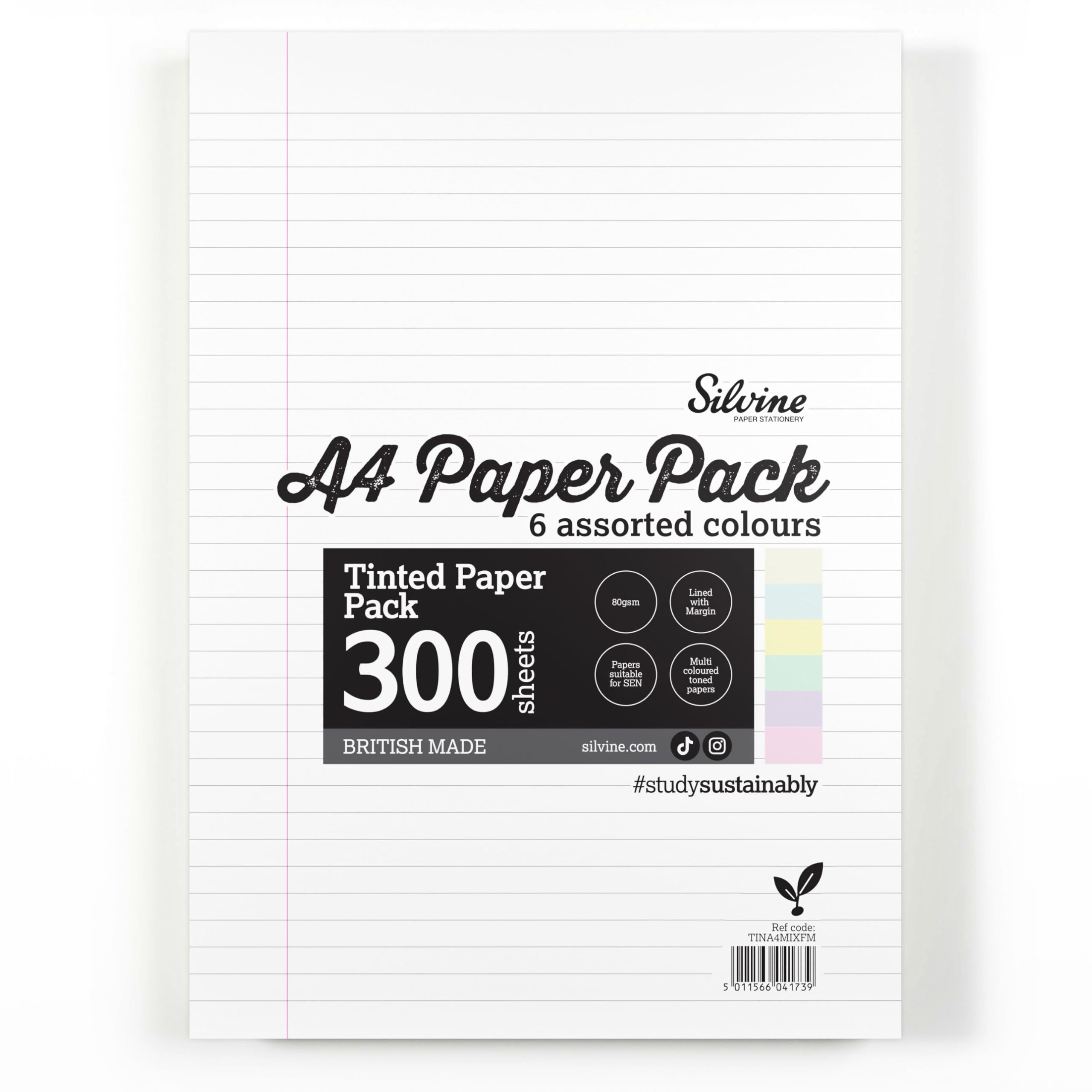 Silvine A4 Tinted Paper for SEN & Dyslexia, 300 Sheets in 6 Colours, Feint Ruled