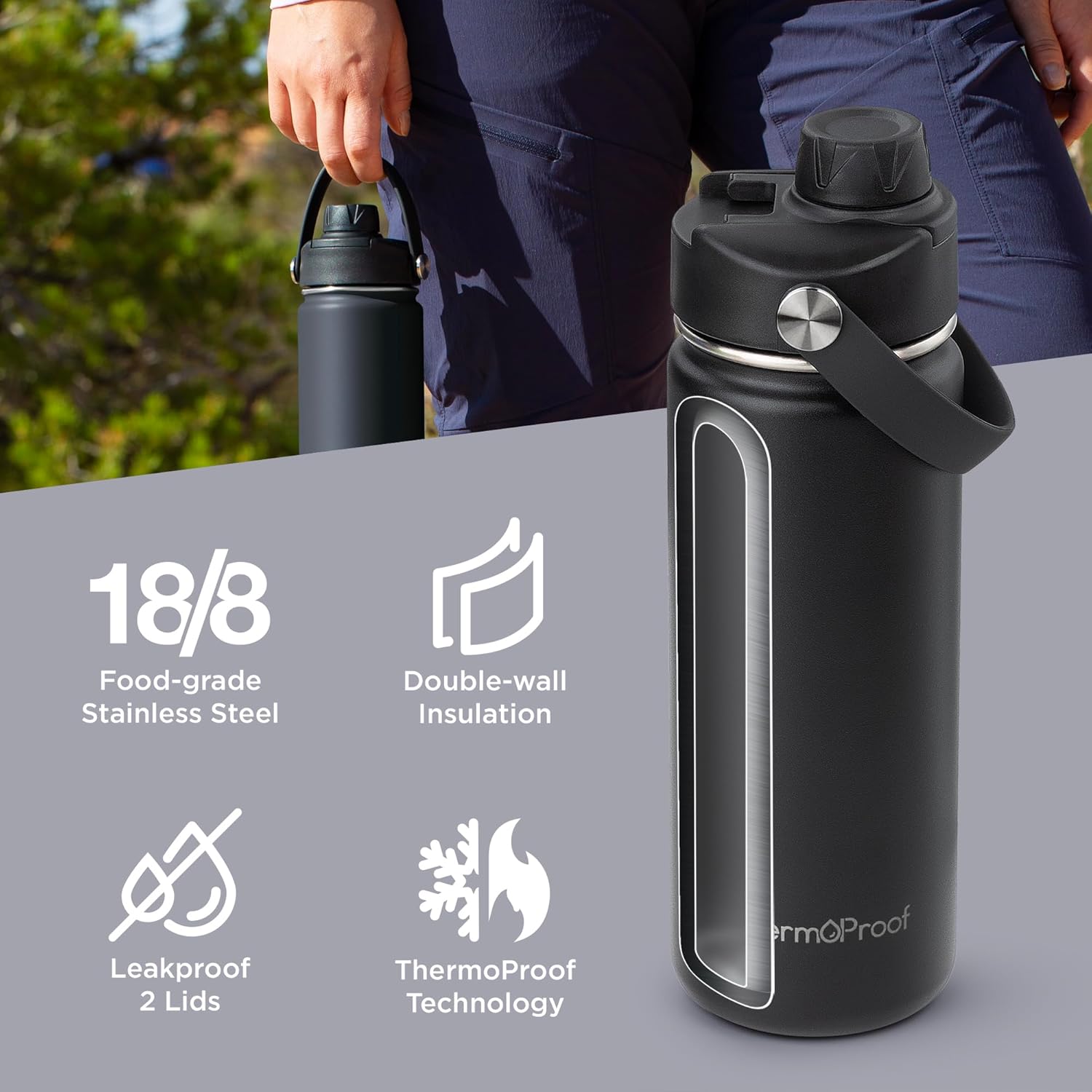 ThermoProof Insulated Water Bottle – Stainless Steel, Wide Mouth, Flip & Spout Lids, Leakproof, Dishwasher Safe, Reusable – Keeps Drinks Hot or Cold – for Adults & Kids – 18oz, Black - Image 2