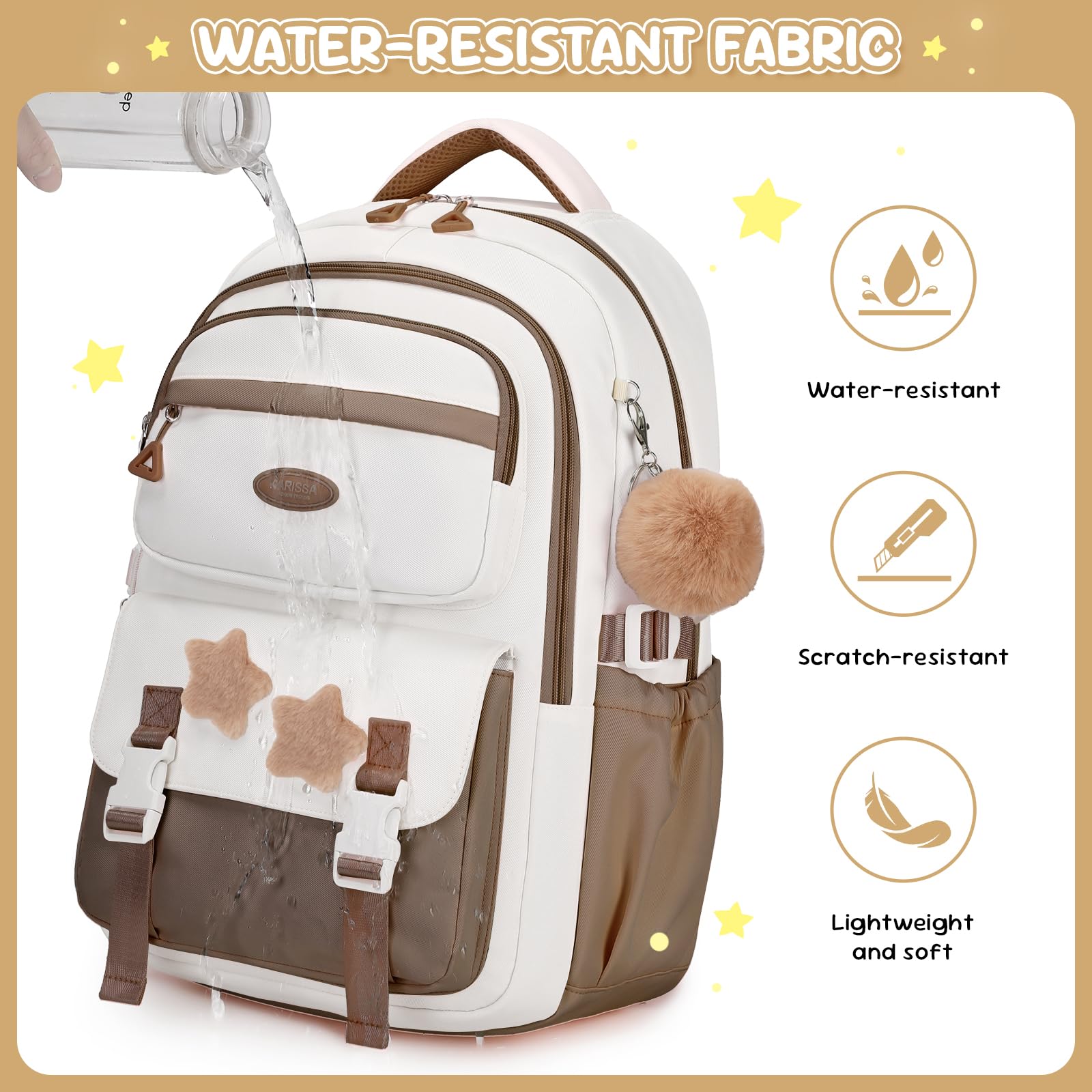 Amythe Schulrucksack Mädchen, Leichter Schulranzen 3.-5. Klasse, Braun | Großer Kinderrucksack mit Pom-Pom-Anhänger und Sternenabzeichen, Lässiger Rucksack für Teenager mit Trolleyband, Schulstart