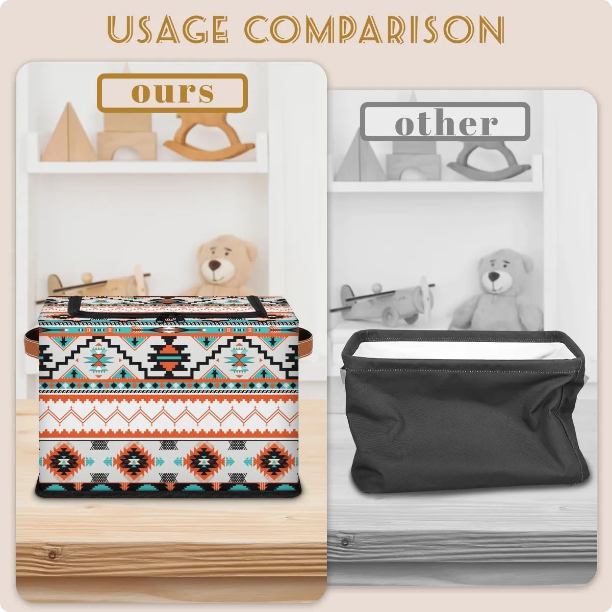 Storage Bin, Collapsible Fabric Storage Boxes with Lids for Organizing, Western Aztec Stackable Closet Organizers and Storage Cube Basket with Handle for Home, Office, Bedroom (2 PACK)