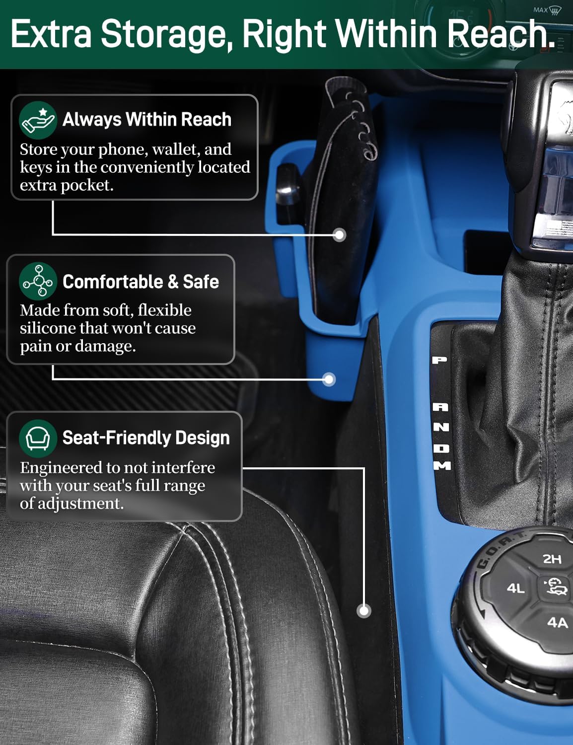 JROAD 3-in-1 Silicone Center Console Liner Tray for 2021-2026 Ford Bronco Automatic Transmission | Non-Slip Cup Holder Mat & Center Console Protector Liner Pad& Side Storage Pocket(Blue)