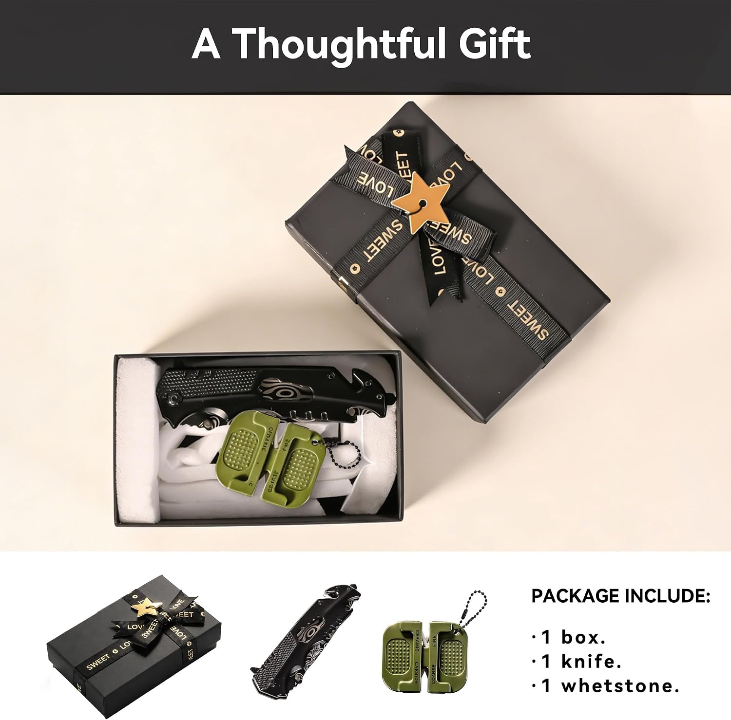 EDC Pocket Knife for Men, EDC Folding Knife with Dual-Grit Sharpener, 440C Blade, Full-Steel Handle, Pocket Clip, Glass Breaker & Seatbelt Cutter, Black Utility Knife for Camping, Hiking & Emergency Use