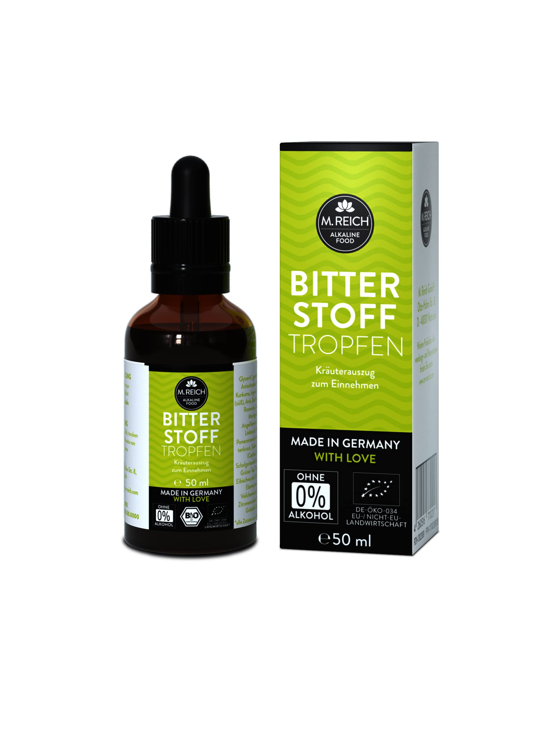 M. Reich BitterStoff Tropfen - Bittertropfen ohne Alkohol - 50 ml für 38 Tage - 55 Bio Pflanzen und Bitterkräuter - Vegan und ohne Zusatzstoffe