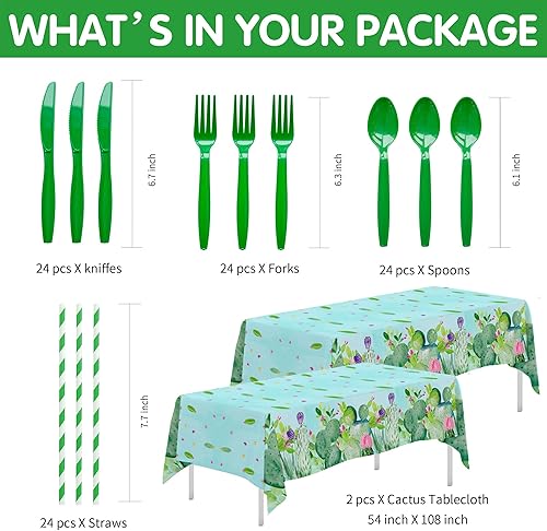 Miniatura 3 de HIPVVILD Vajilla para decoración de fiesta de cactus  Suministros para suculentas, plato, taza, servilleta, mantel, cubiertos, pajilla, cactus taco,