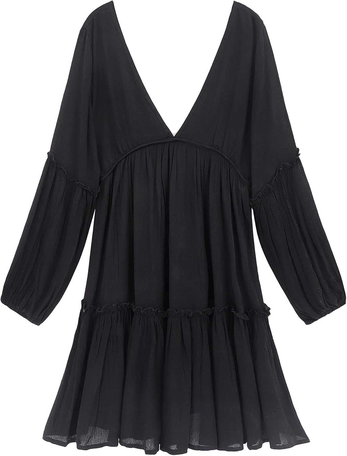 R.Vivimos Women's Long Sleeve Cotton Ruffles Deep V Neck Backless Casual Swing Mini Dresses - Image 6