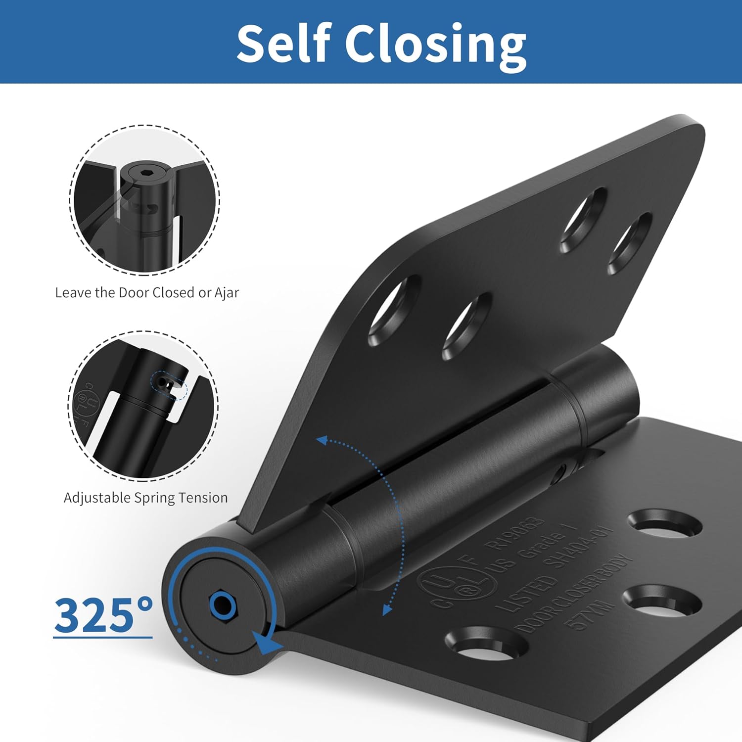 4 Inch Self Closing Door Hinges, Spring Loaded Door Hinges 5/8" Radius Corners for Exterior, Garage, Front and Back Door, for Left and Right Hand Door, UL Listed, Matte Black, 3 Pack