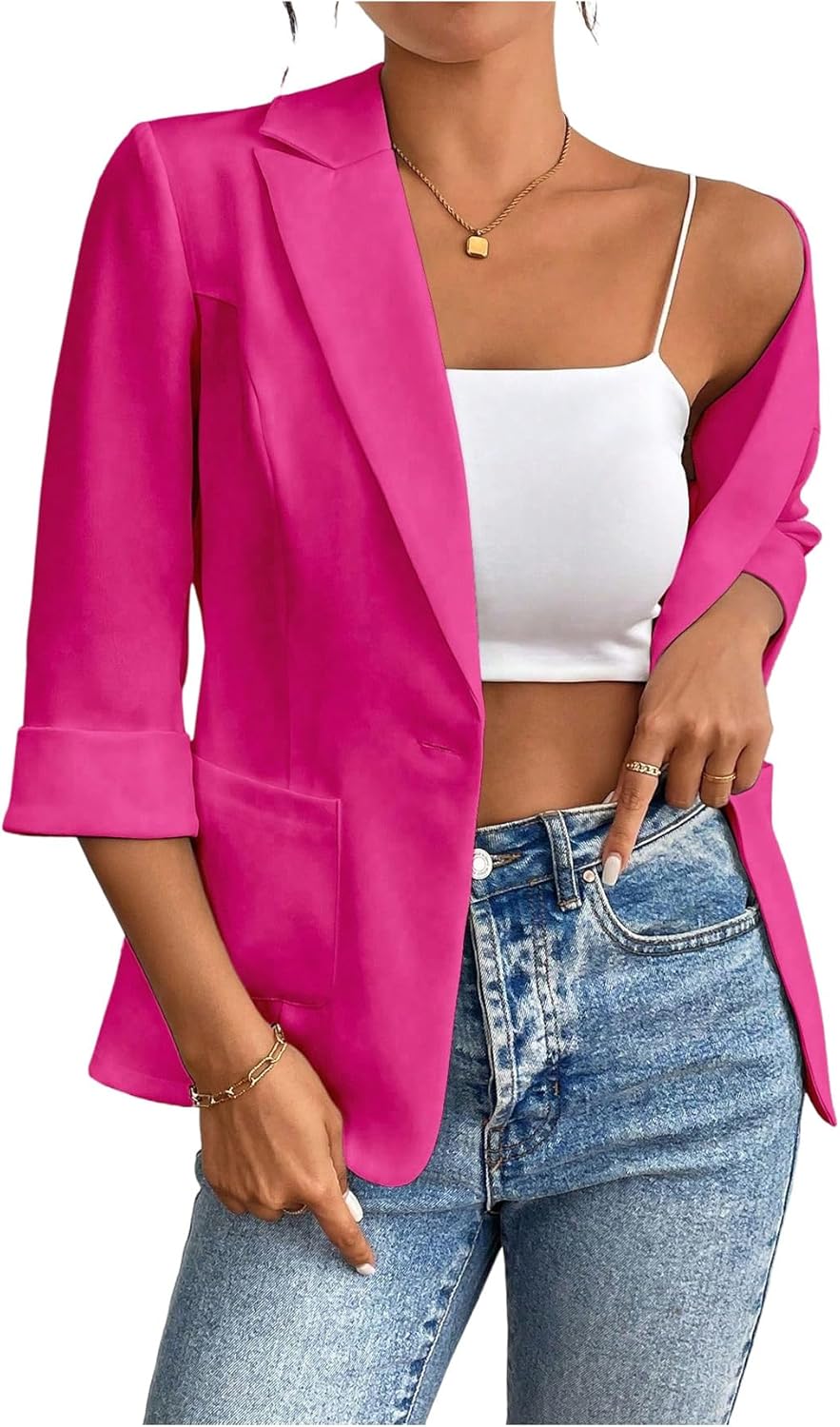 SweatyRocks Women's Casual Blazers Open Front 3/4 Sleeve Work Office Suit Jackets Blazer with Pockets