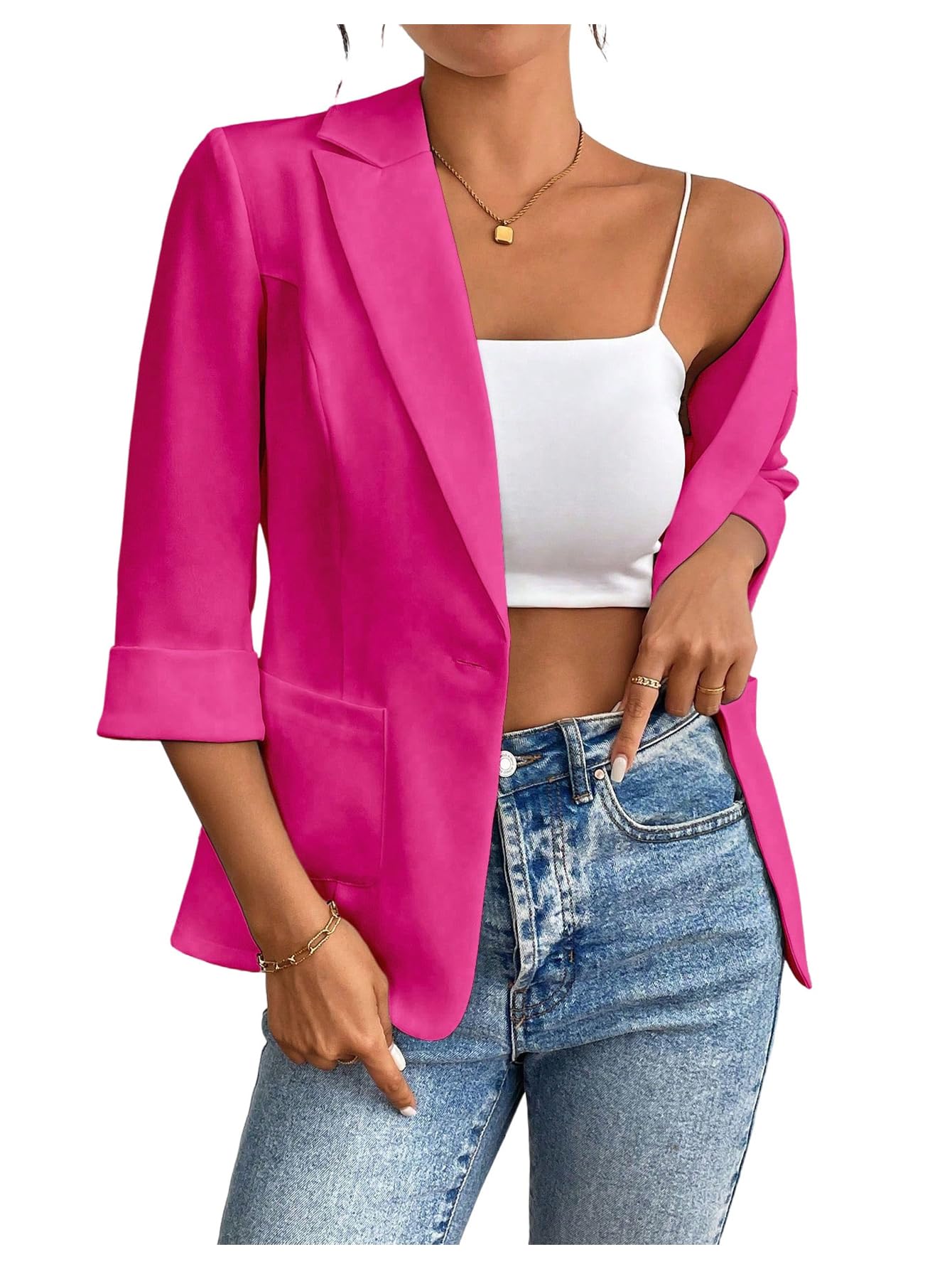 SweatyRocks Womens Casual Blazers Open Front 3 4 Sleeve Work Office Suit Jackets Blazer with Pockets