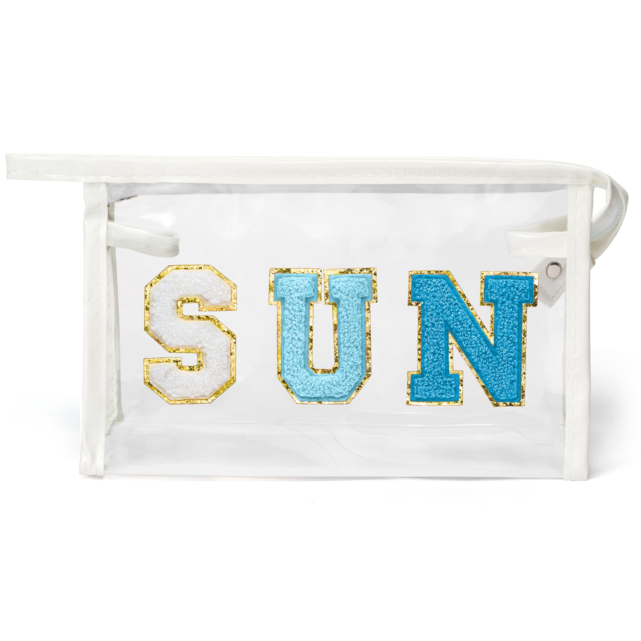 Y1tvei Clear SUN Makeup Bag - Preppy Blue SUN Chenille Varsity Letter Cosmetic Bag PVC Transparent Zipper Waterproof Beach Makeup Pouch Carry On