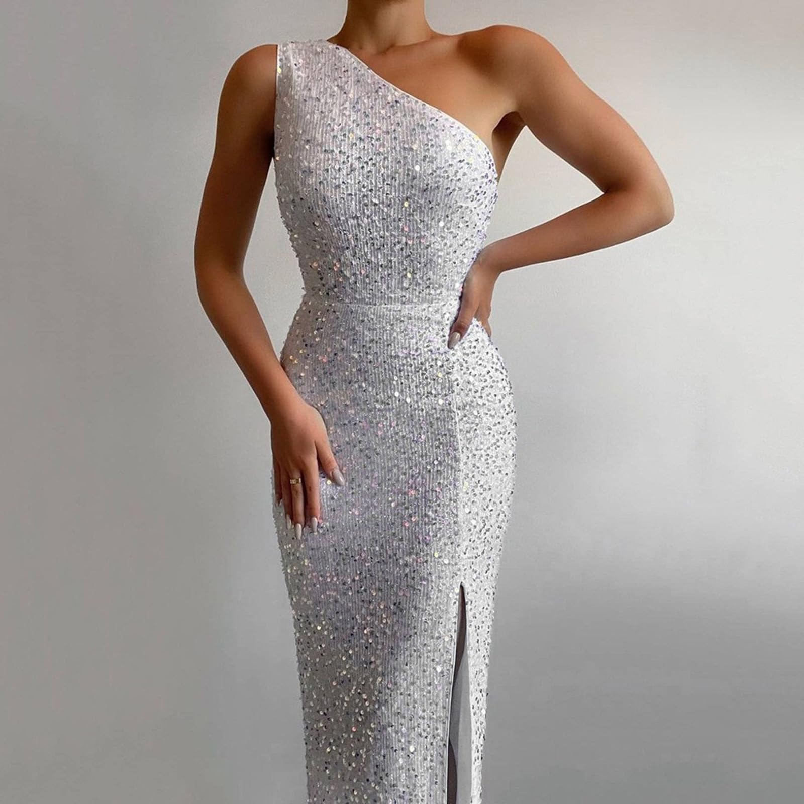 HAOLEI Abito da Donna Senza Maniche Scollo V Paillettes Vestito con Spacco Capodanno Vestito da Donna con Brillantini Tulle Doppio Elegante Maxi Vestiti Lungo da Sera Cerimonia Cocktail Nozze Festa