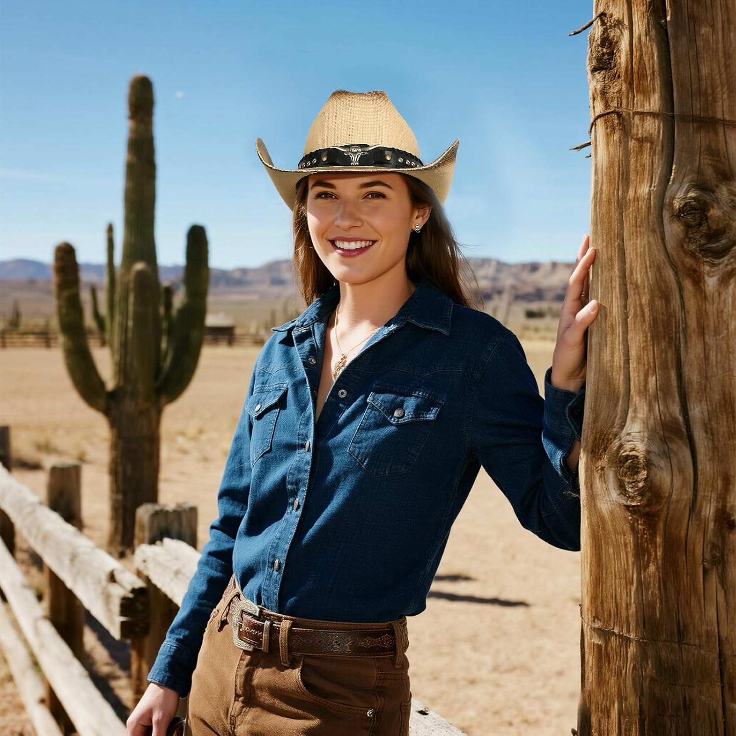 Cowboy Hat,Cowgirl hat,Brown Cowboy Hats for Women/Mens Straw Wide with Shapeable Brim Western Cowboy Hat for Womens - Image 7