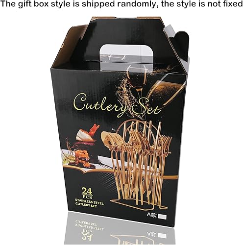 Miniatura 6 de JASHII El juego de cubiertos colgantes verde menta y dorado incluye cuchillo, tenedor, cuchara y soporte, 24 utensilios de acero inoxidable para 6,