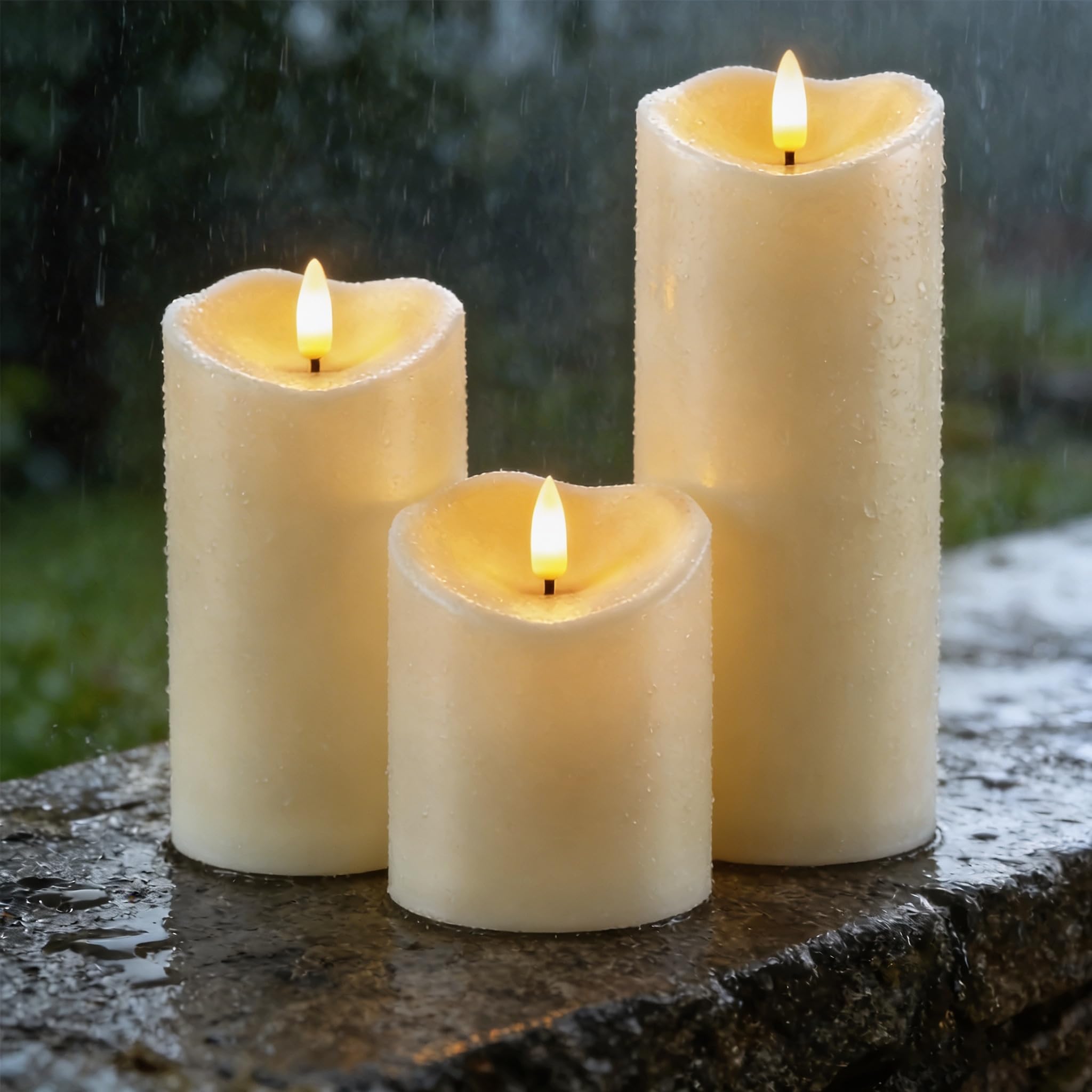 AMAGIC Dark Ivory Outdoor LED Pillar Candles Flameless Candle Set of 3