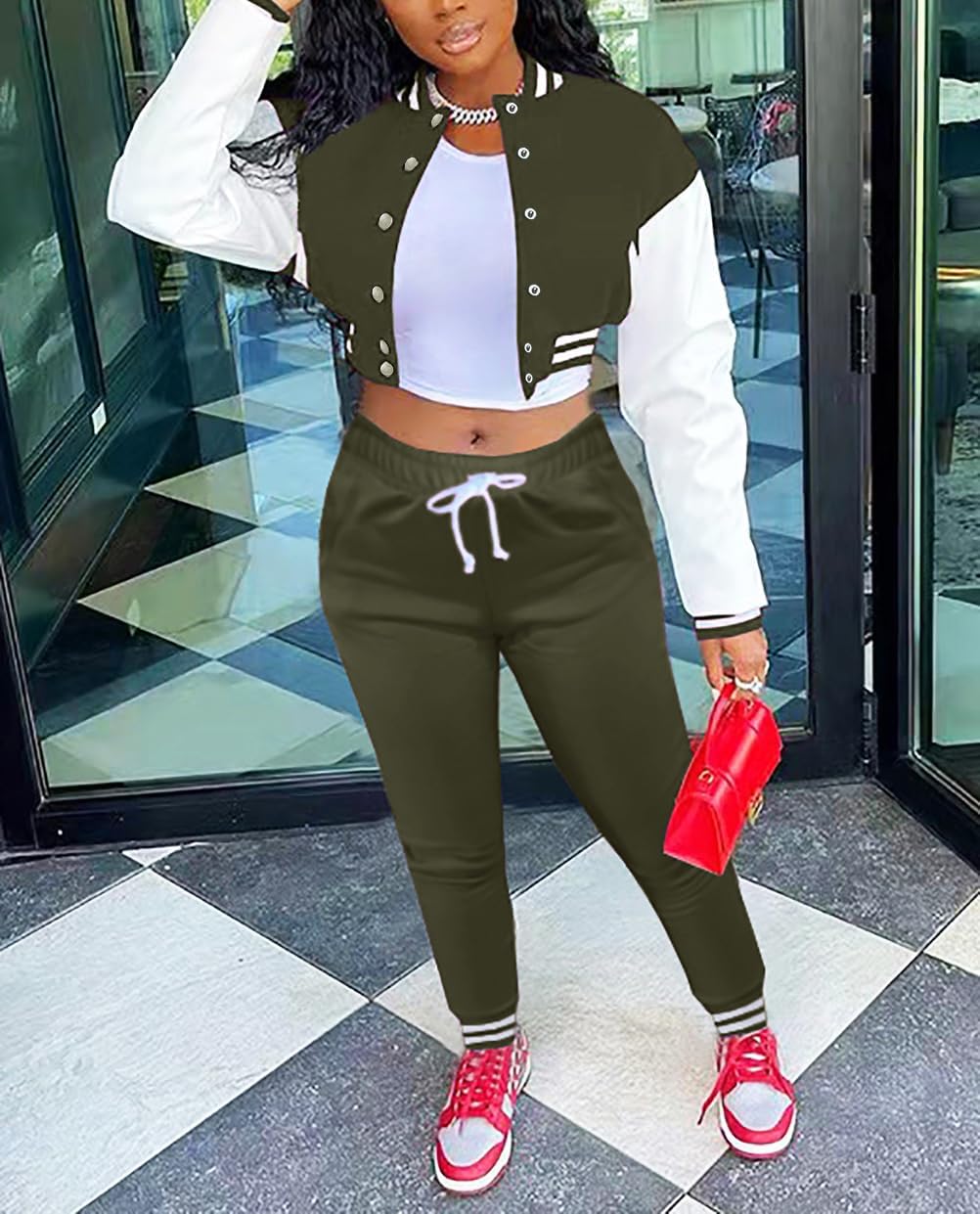 Fooullaide Women's Varsity Jacket Sweatsuit 2 Piece Tracksuit Crop Top Button Down Letterman Jackets Pants Sets - Image 2