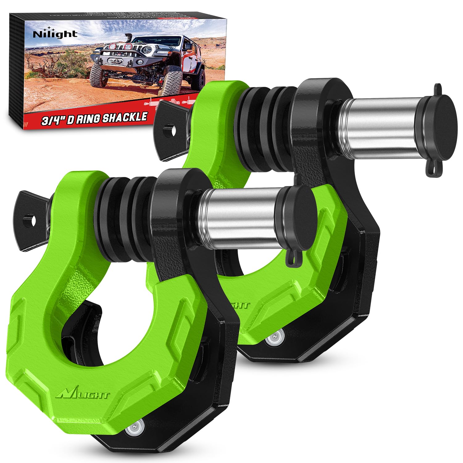 Nilight 2 Pack 3/4" D-Ring Separate Shackle 45,000 Lbs Break Strength | Includes 7/8" Lock Pin, Isolators and Washers Off Road Recovery, for Tow Strap Winch Truck Vehicle Black&amp;Green