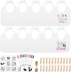 BOUBONI Conjunto de 55 babadores DIY para decoração inclui 10 babadores brancos, 12 marcadores de tecido, 12 estêncis, 20 prendedores de roupa, 1 corda de cânhamo para jogos de chá de bebê, meninos e