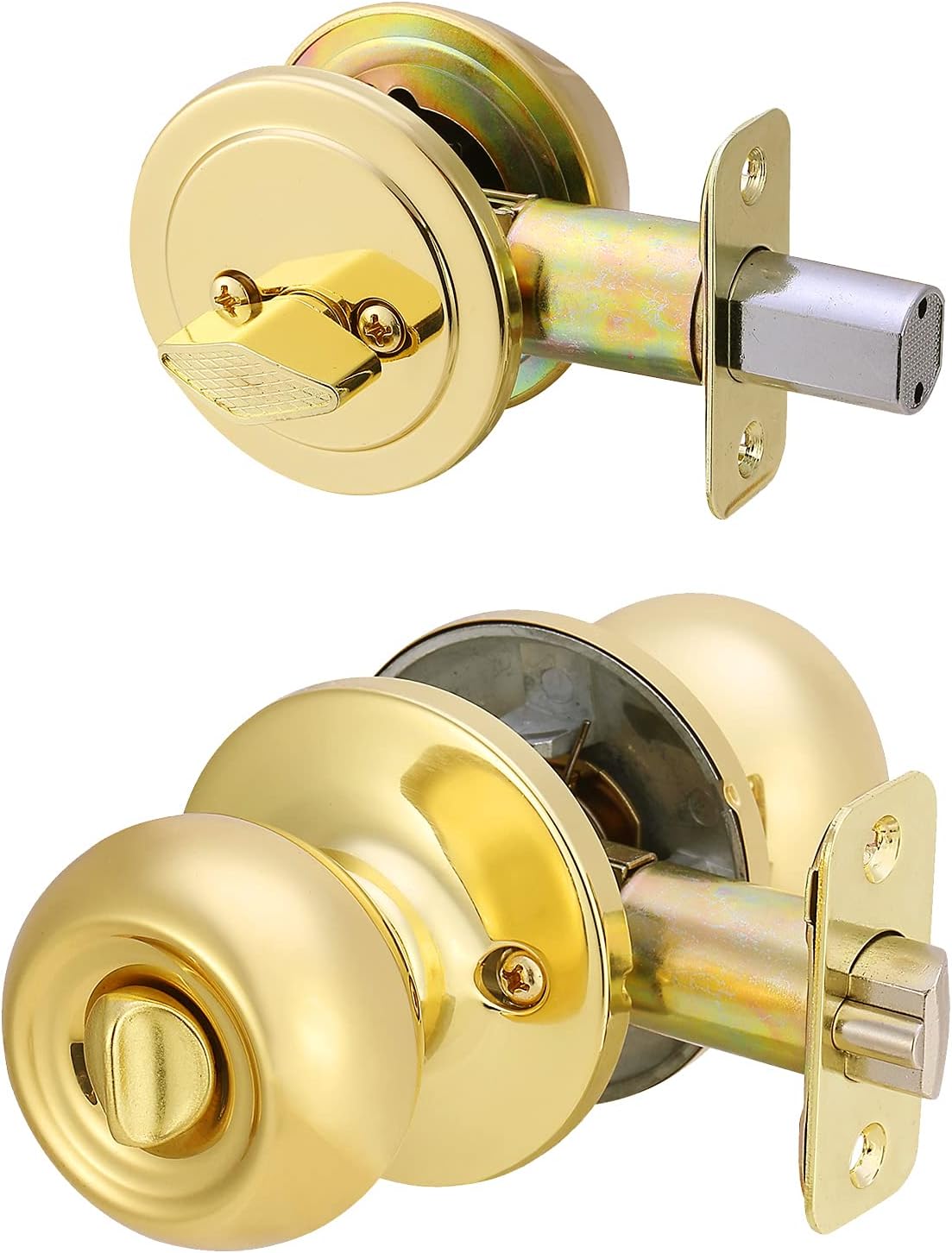 Amazon Basics Exterior Door Knob With Lock and Deadbolt, Coastal, Polished Brass