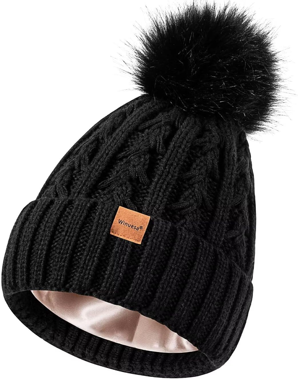 Winuesa Satin Lined Beanie for Women with Pom Pom, Fashionable Womens Winter Hats Silk Beanies, Cute Warm Knit Hat Skull Cap(Black)