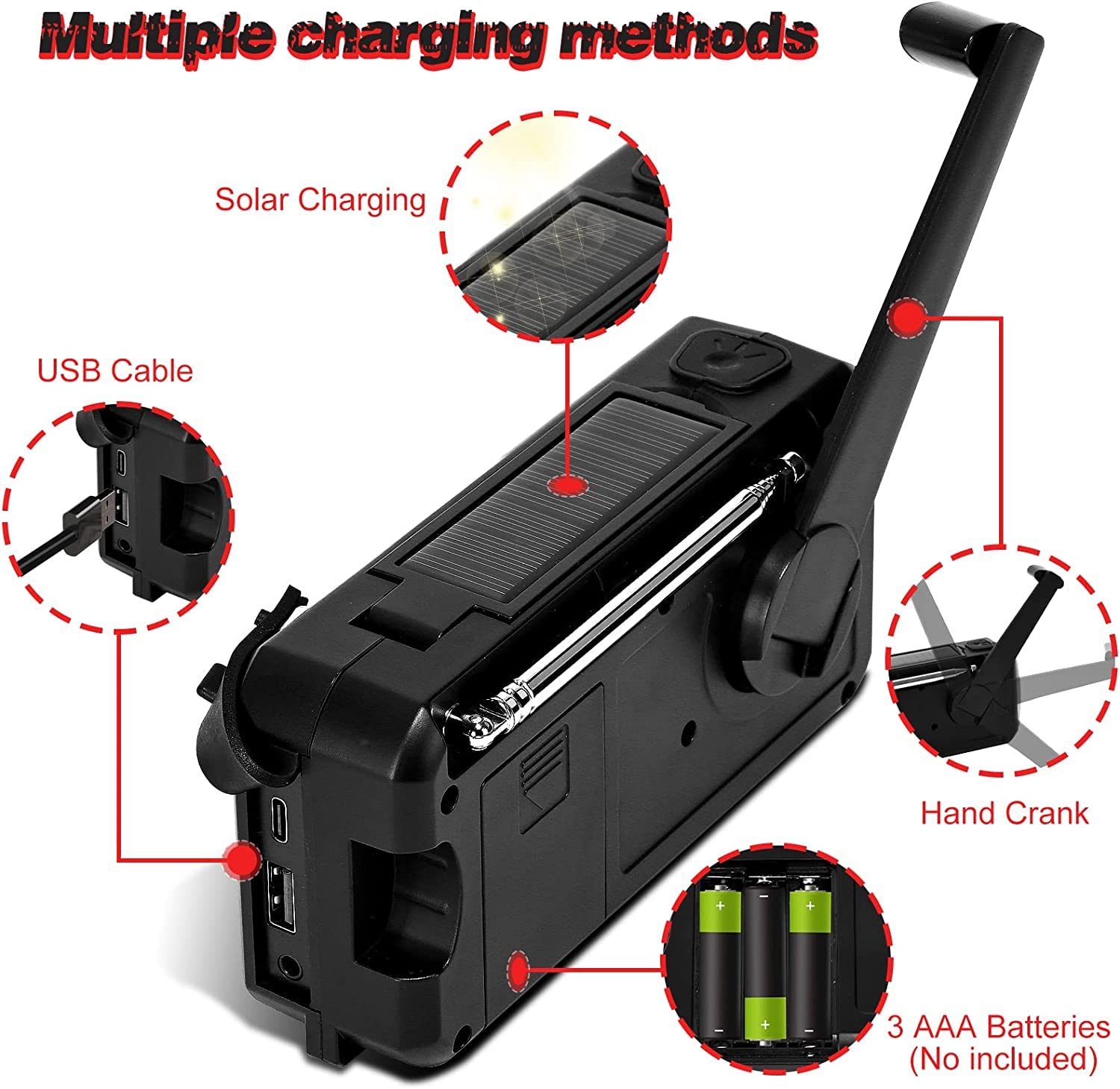 Radio Solaire Portable Urgence Météo 5000 mAh Manivelle FM/AM/SW Dynamo avec Lampe LED Alarme SOS USB Écran LCD Charge de Téléphone Prise d'Écouteur pour Randonnée Camping