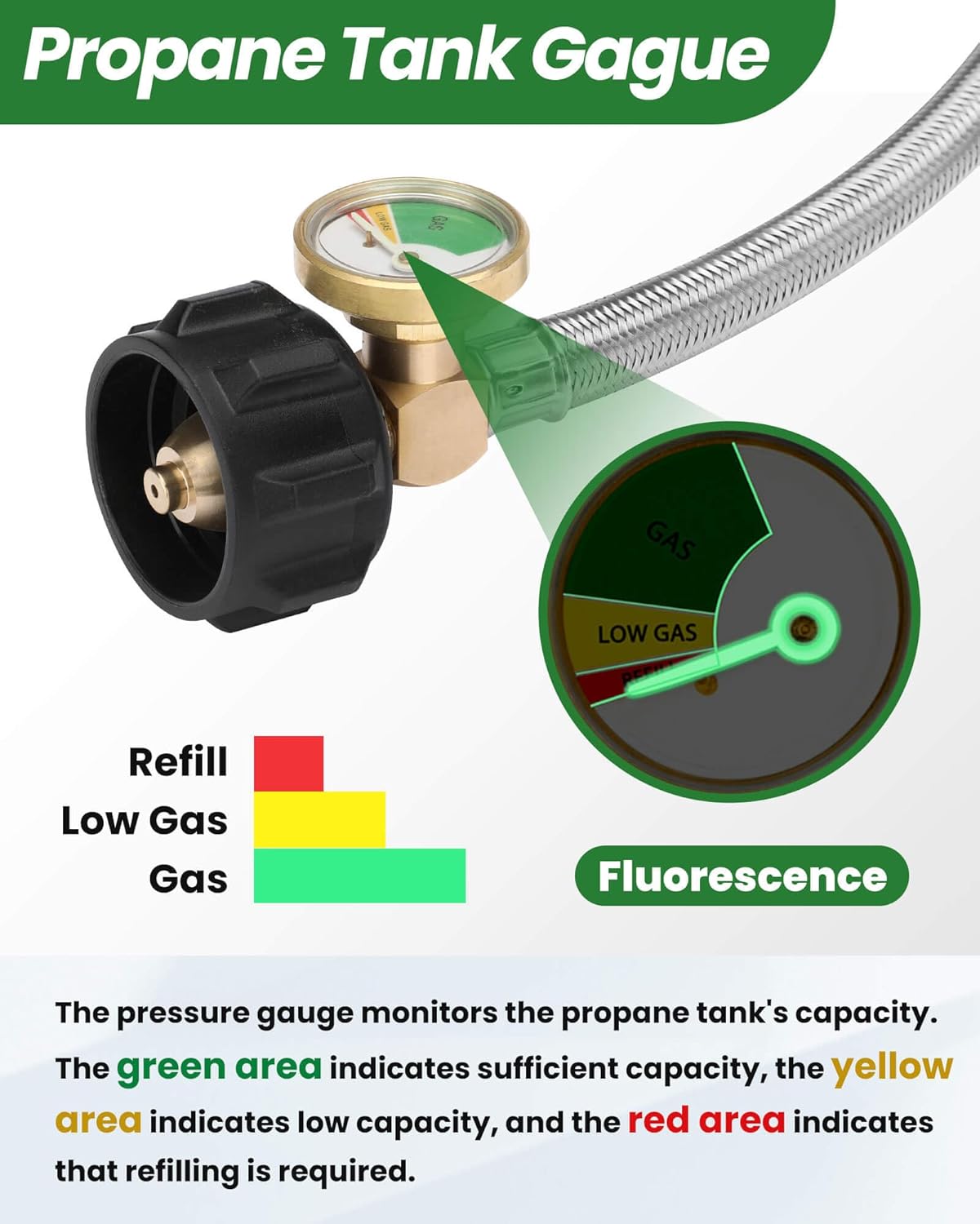 18 Inch RV Propane Hose Replacement with Gauge, 2 Pack Camper Propane Hose for RV Two-Stage Regulator, Stainless Steel Braided, 1/4" Male NPT & QCC 1 Inlet, 350PSI