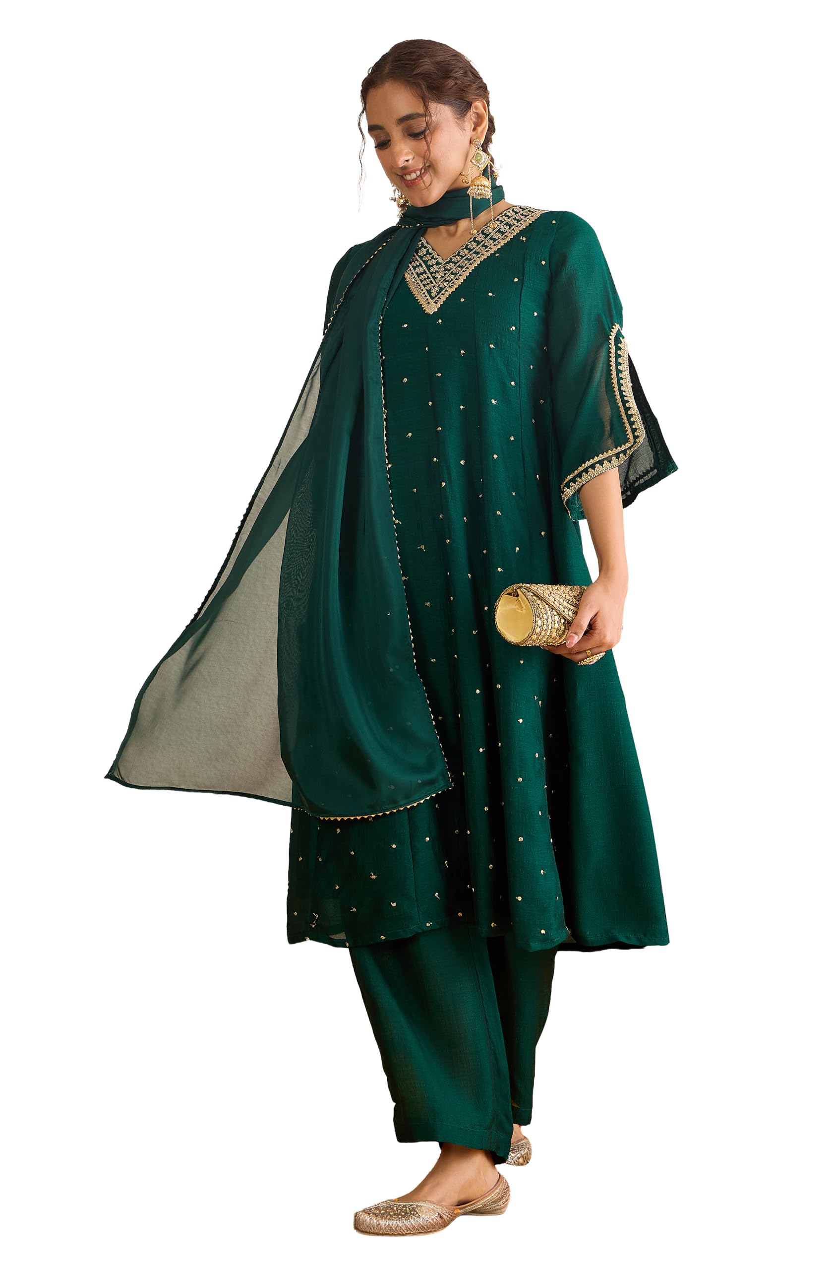 janasya Women's Dark Green Silk Blend Floral Zari Embroidered Anarkali Kurta Set-picture-22