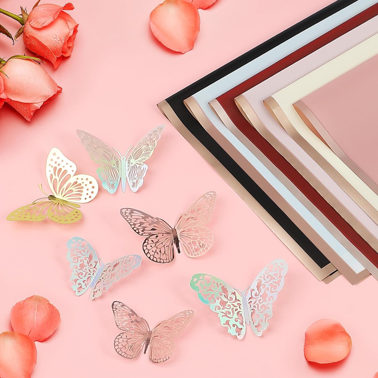 20 hojas de papel de regalo de flores, papel de regalo impermeable con 10 tarjetas de felicitación, 12 piezas de decoración de mariposa dorada en 3D, 50 pines de perlas, cinta