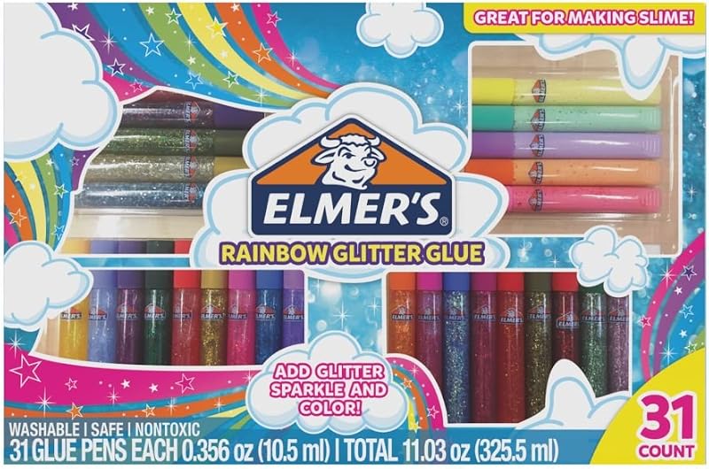 Juego de pegamento con purpurina Elmer's Rainbow, 31 unidades (0,36 oz cada uno), lavable, ideal para hacer limo, artes y manualidades