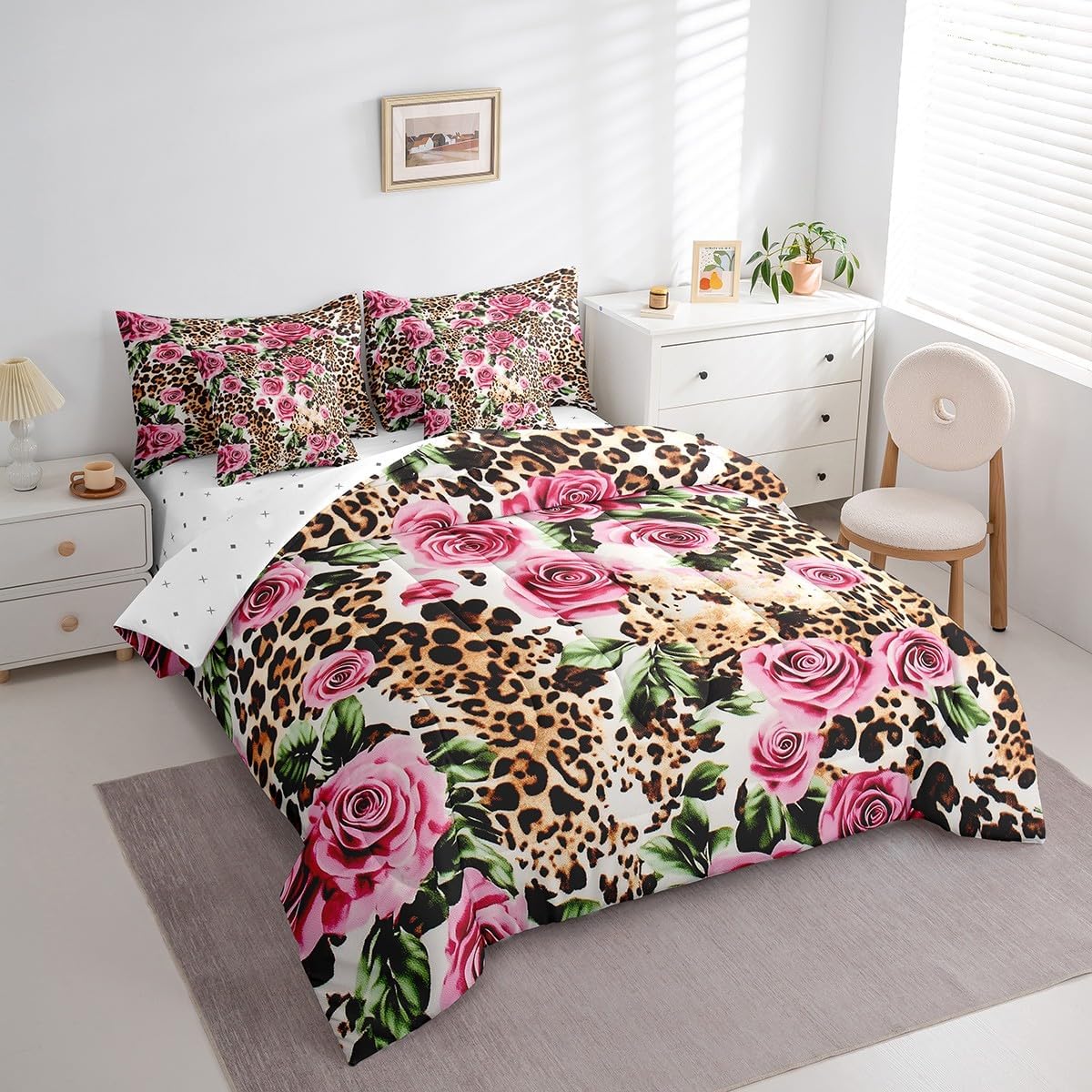 Feelyou Girls Leopard Print Comforter Set Twin Size 7 Pieces Women Rose Floral Print Bedding Set for Adults Luxury Cheetah Print Bed in a Bag Romantic Flowers Room Decor Comforter with Sheets