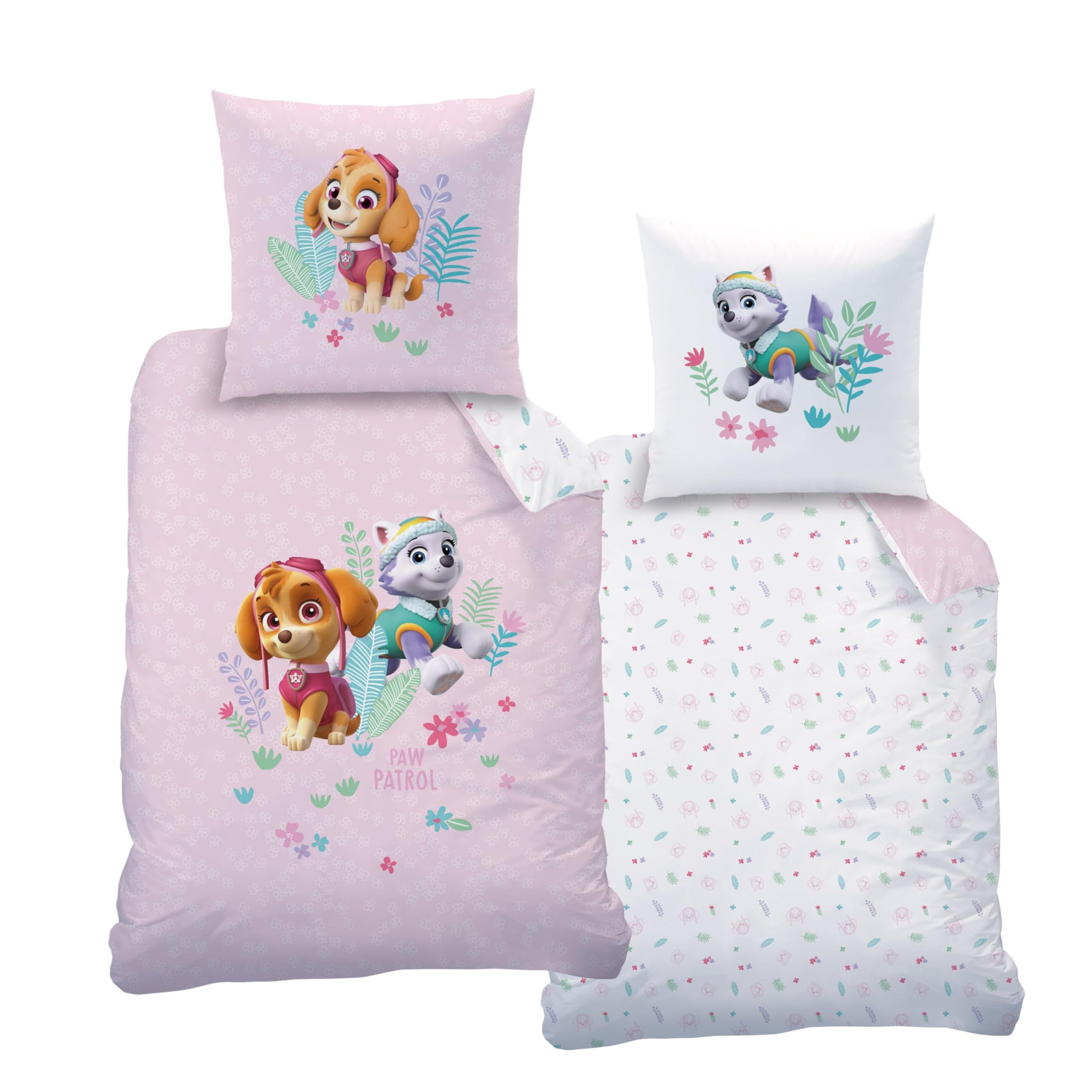 Bettwäsche 135x200 Flanell, Biber Paw Patrol Skye & Everest kuschelig weich für Herbst & Winter, 1x Kissenbezug 80x80 + Bettbezug 135x200, 100% Baumwolle, Mädchenbettwäsche