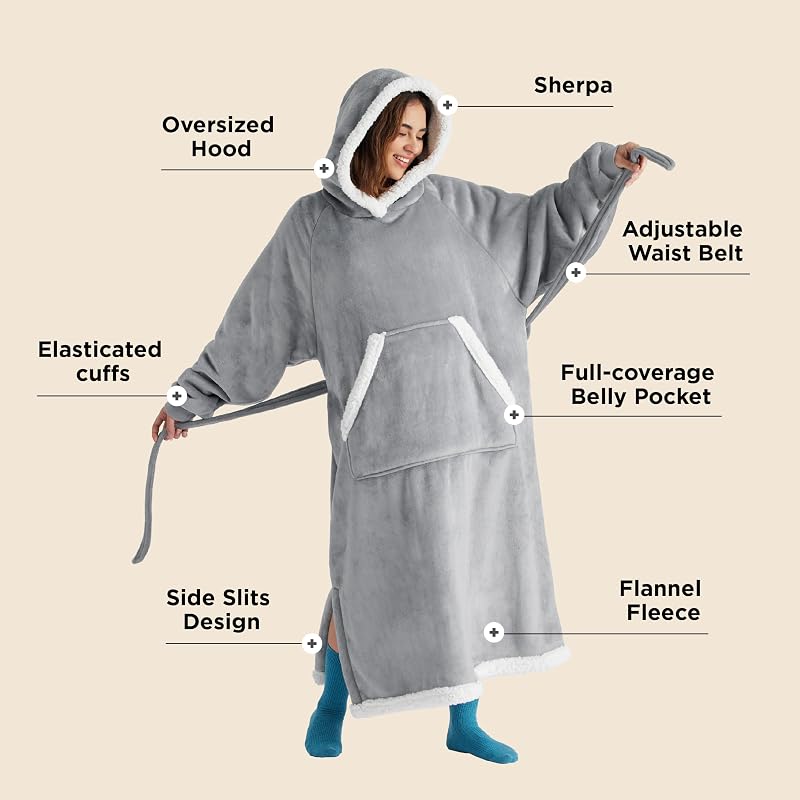Bedsure Wearable Blanket Hoodie, Long Hooded Blanket Sweatshirt as Christmas Birthday Gifts for Men, Cozy Sherpa Hoodie for Adult, Oversize, Grey image 2