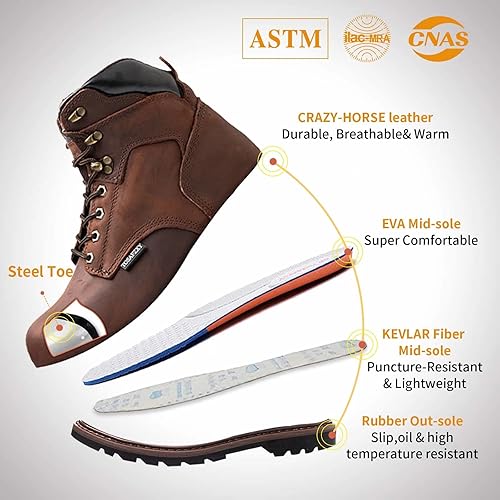 Miniatura 2 de Botas de seguridad para el trabajo para hombres, duraderas, de cuero de caballo loco, punta de acero indestructible, impermeables y antideslizantes,