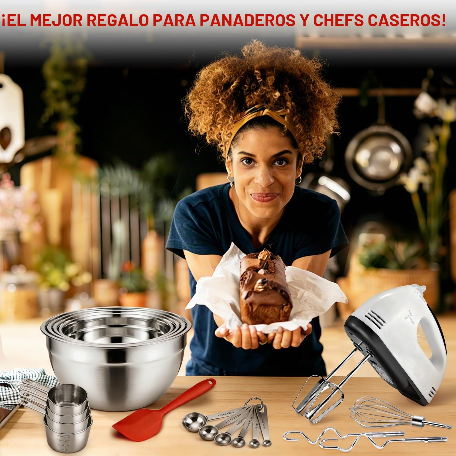 Leaflai Batidora eléctrica de mano con 7 velocidades, varillas eléctricas, 4 cuencos grandes, cuencos insertables de acero inoxidable, vasos medidores, cucharas y varillas Turbo Boost para la cocina